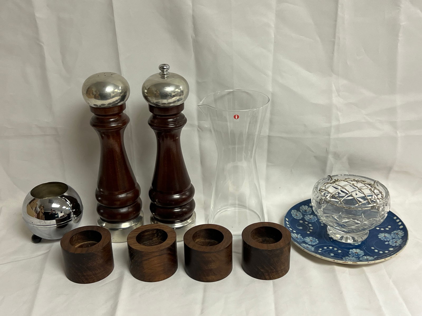 Mid Century- S&P Shakers, Heath, Iittalo,More - Heath Wood Votive Candle Holder, Boardman Wood /: Mid Century- S&P Shakers, Heath, Iittalo,More - Heath Wood Votive Candle Holder, Boardman Wood / Pewter Salt & Pepper, Bredemeijer, Thomas Webb Flower Frog, Signed Plate