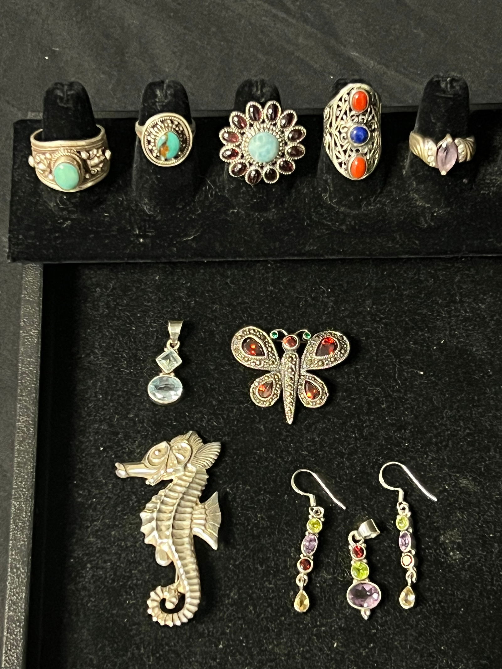 10pc Sterling Silver Jewelry - Amethyst / Peridot / Garnet Earrings w/ Matching Pendant, (5)Rings - (1 of 5)