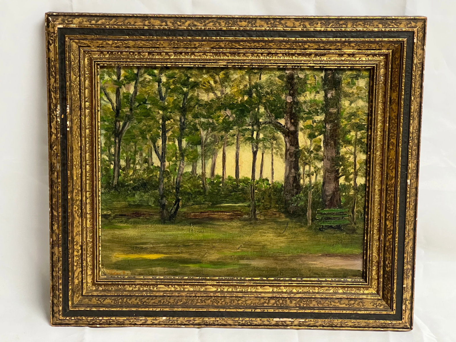 1930s Oil on Board ''Palmer Woods Park'' - Signed on Back w/ Information - Framed 15'' x 13'' ,: 1930s Oil on Board ''Palmer Woods Park'' - Signed on Back w/ Information - Framed 15'' x 13'' , Sight 11.5'' x 9''
