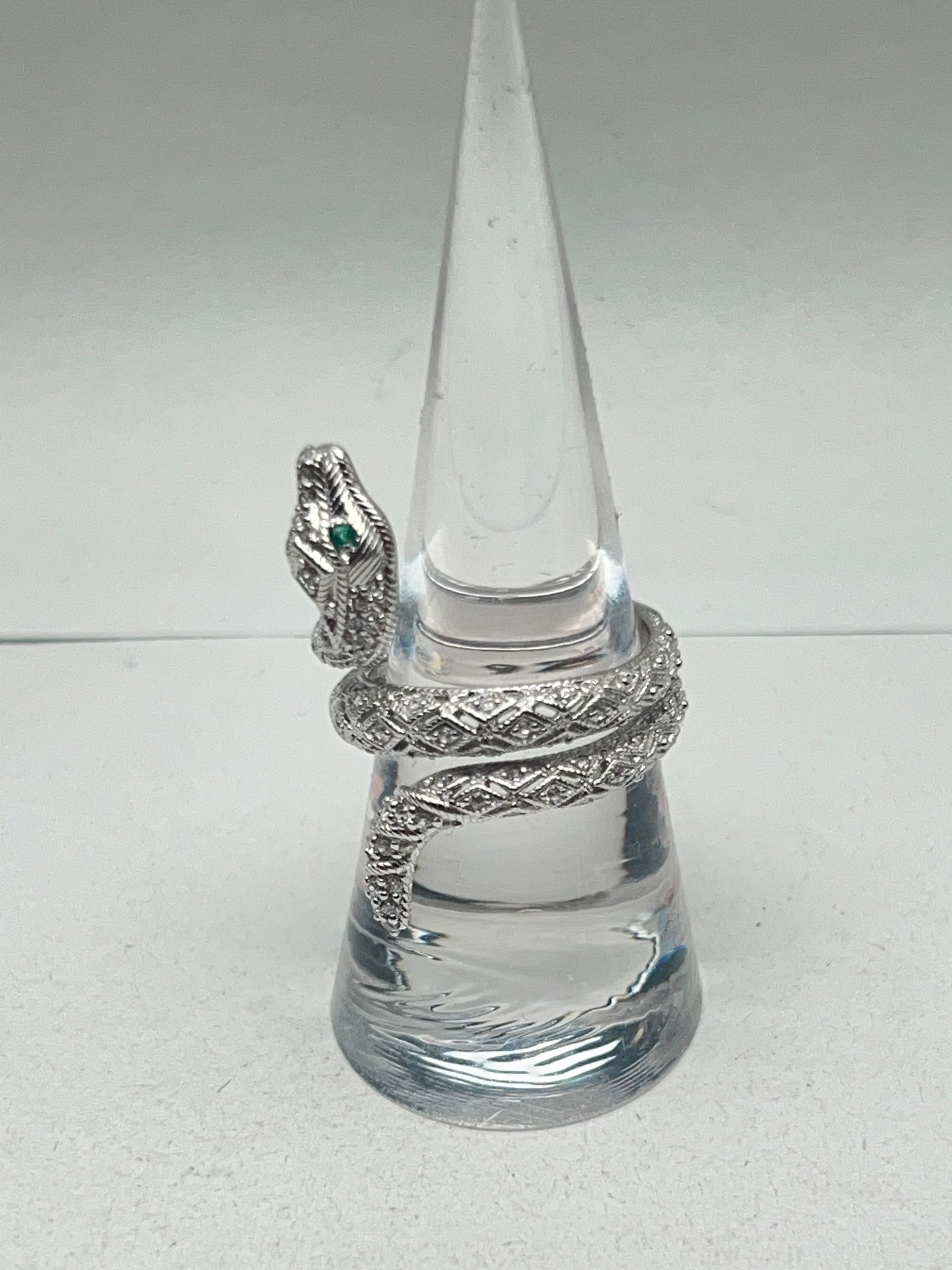 Judith Ripka Sterling Silver Snake Ring, Sz 8 - Emerald & CZ Eyes (1 of 5)