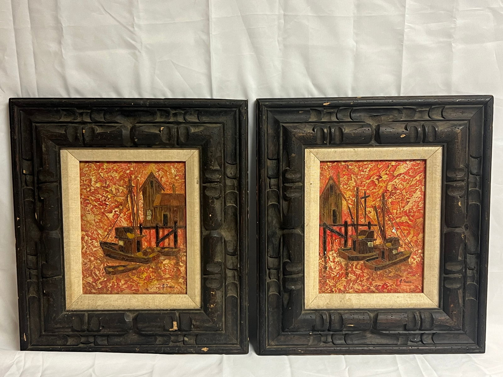 Pr J.Freese Palette Knife 'Harbor Paintings' - Signed Jerry Freese CA Artist, Framed 16.5'' x 18.5'' (1 of 6)