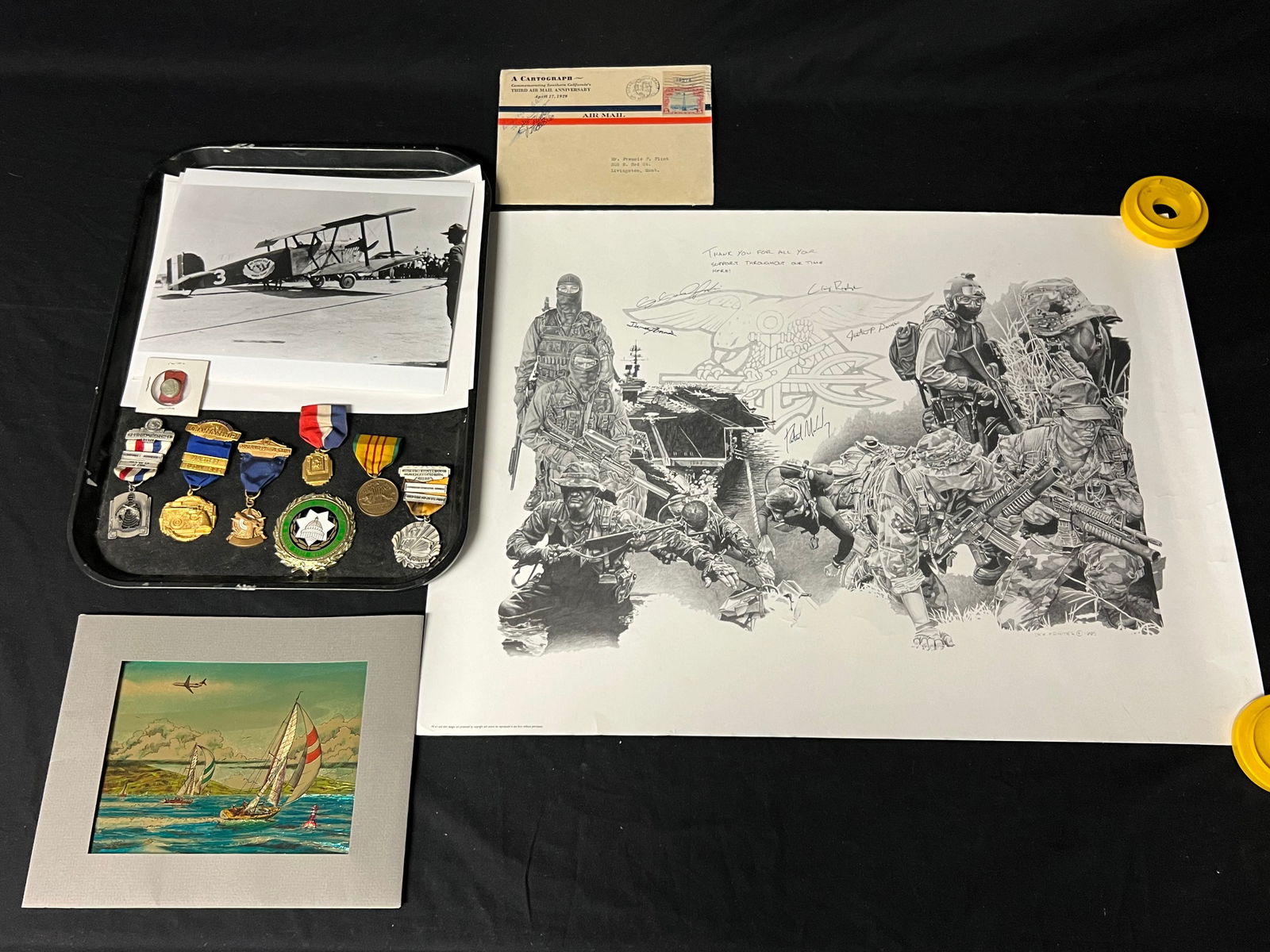 Pistol Rifle Sherriff Medals, Signed Art, More - McDonnell Douglas Plane Photos + Art, Dick Kramer: Pistol Rifle Sherriff Medals, Signed Art, More - McDonnell Douglas Plane Photos + Art, Dick Kramer Print Signed by Military, Asst Medals, Air Mail Envelope w/ Stamp