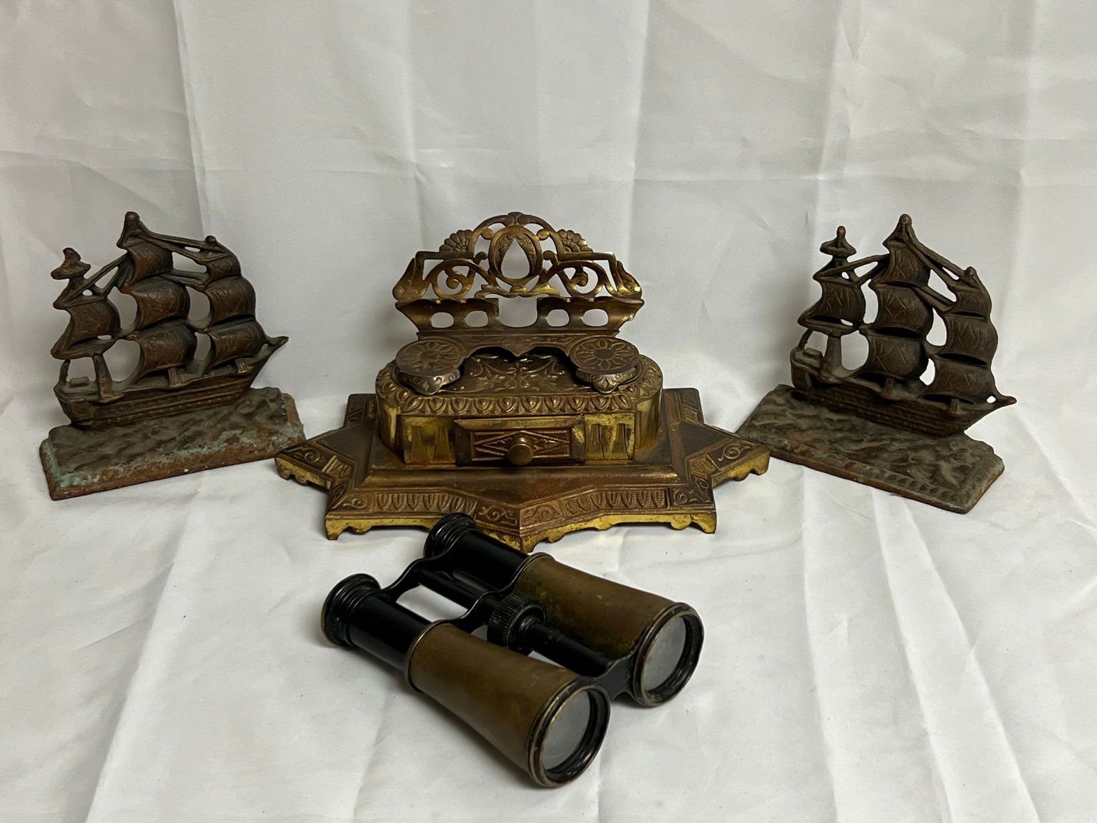 Pr Brass Nautical Bookends,Inkwell,Binoculars - Paris Lemaire Binoculars, Pr Ship Bookends, Art (1 of 11)