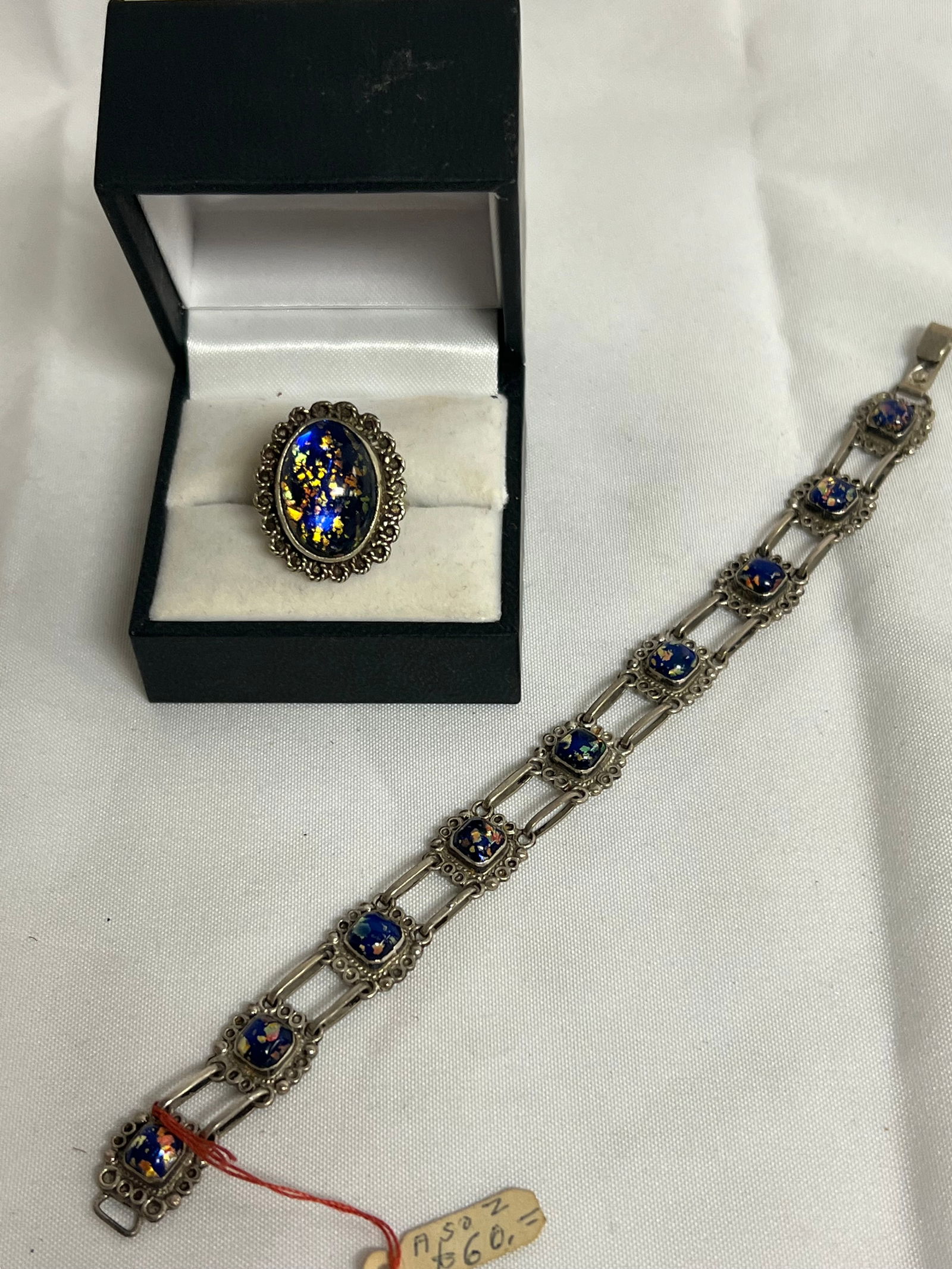 Vtg Hecho Mexico .925 Foil Opal Glass Jewelry - 7'' Sterling Silver Bracelet, Ring Sz 8 (1 of 5)