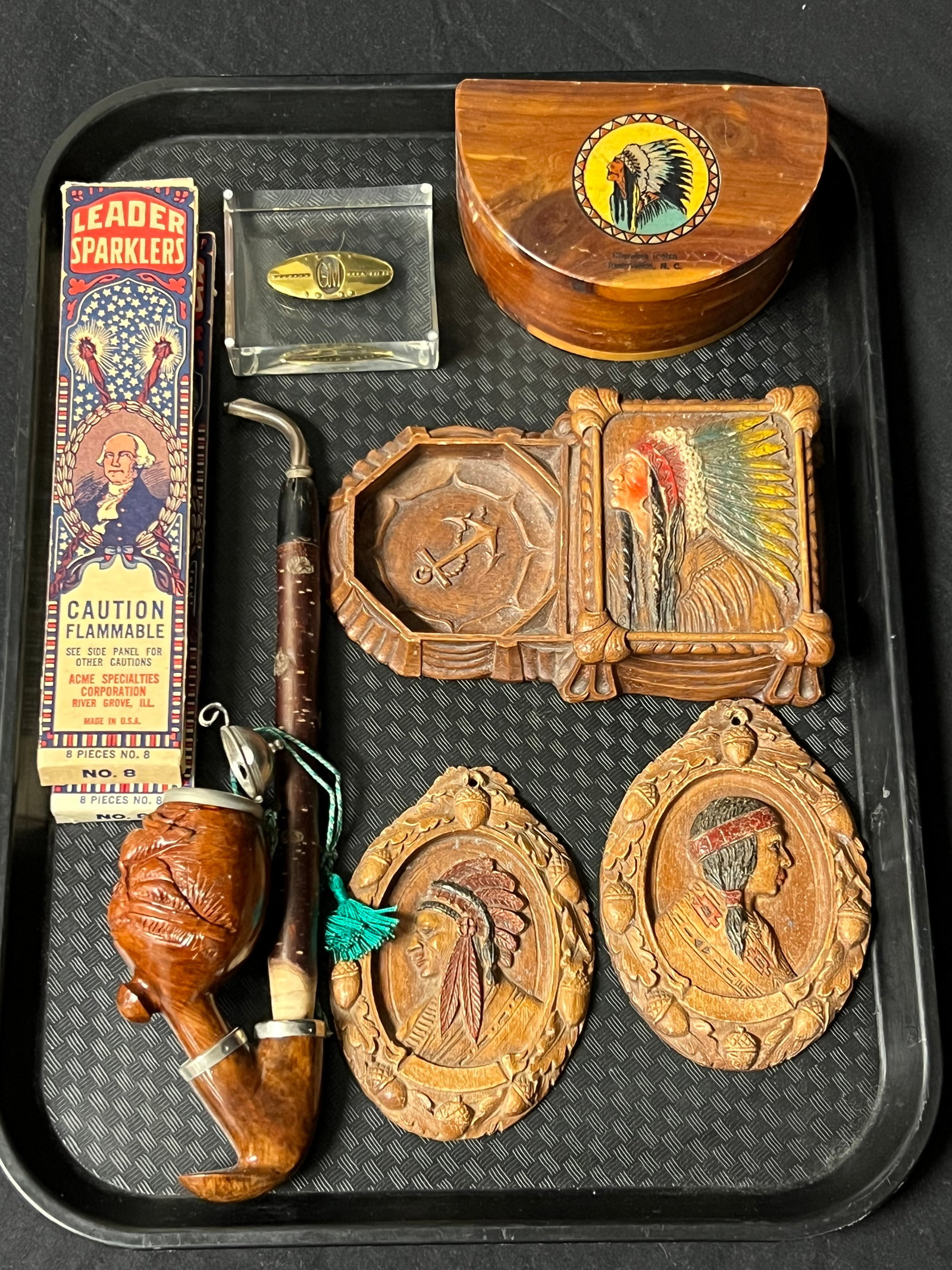 Vtg American Indian Items, Pipe, More - Carved Pipe w/ Deer Design, Vtg Sparklers, 1958 GM Lucite (1 of 8)