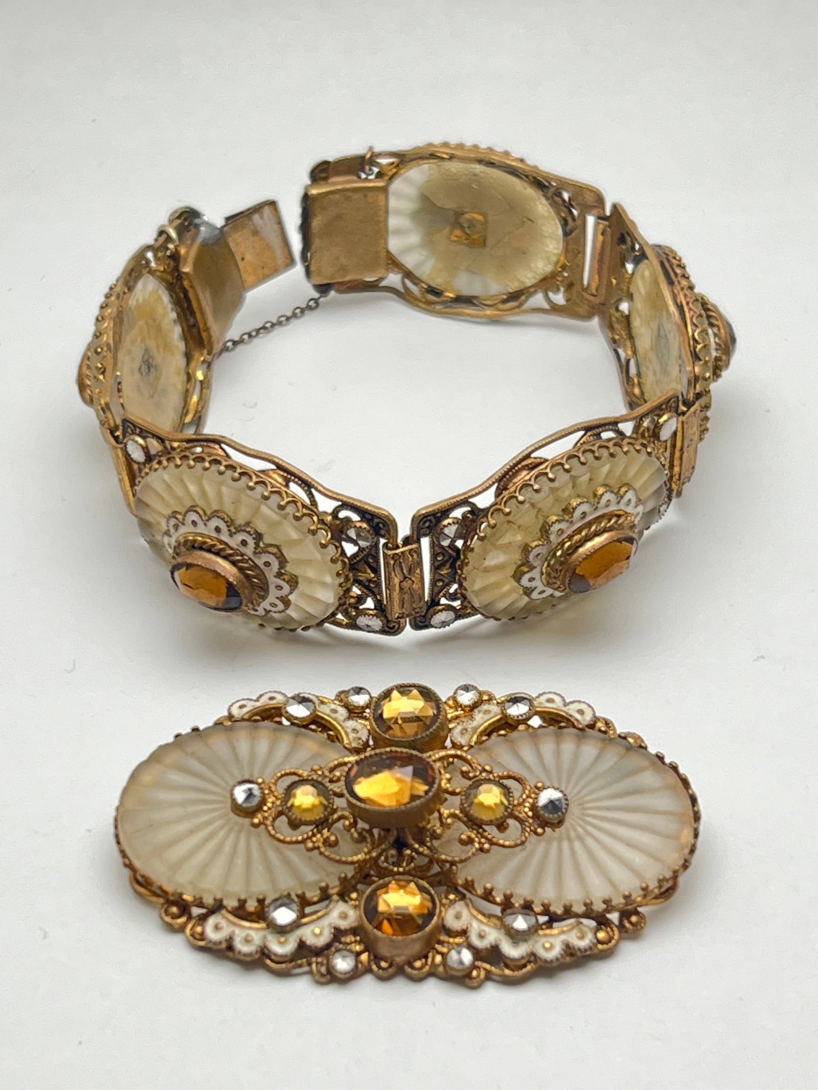 Art Deco Czech Camphor Glass Bracelet, Brooch - Camphor Glass w/ Enamel - Austro Panel Link Gold (1 of 7)
