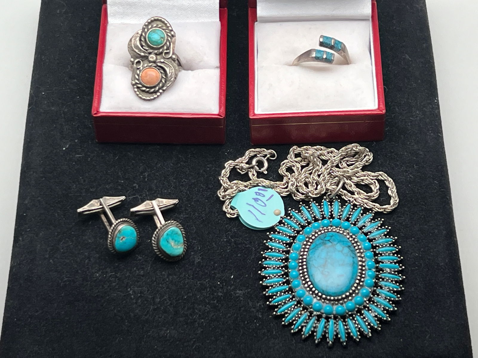 Native American Turquoise Rings, Cuffs & More - Sterling Turquoise Coral Ring Sz 7, Mexico Silver (1 of 6)