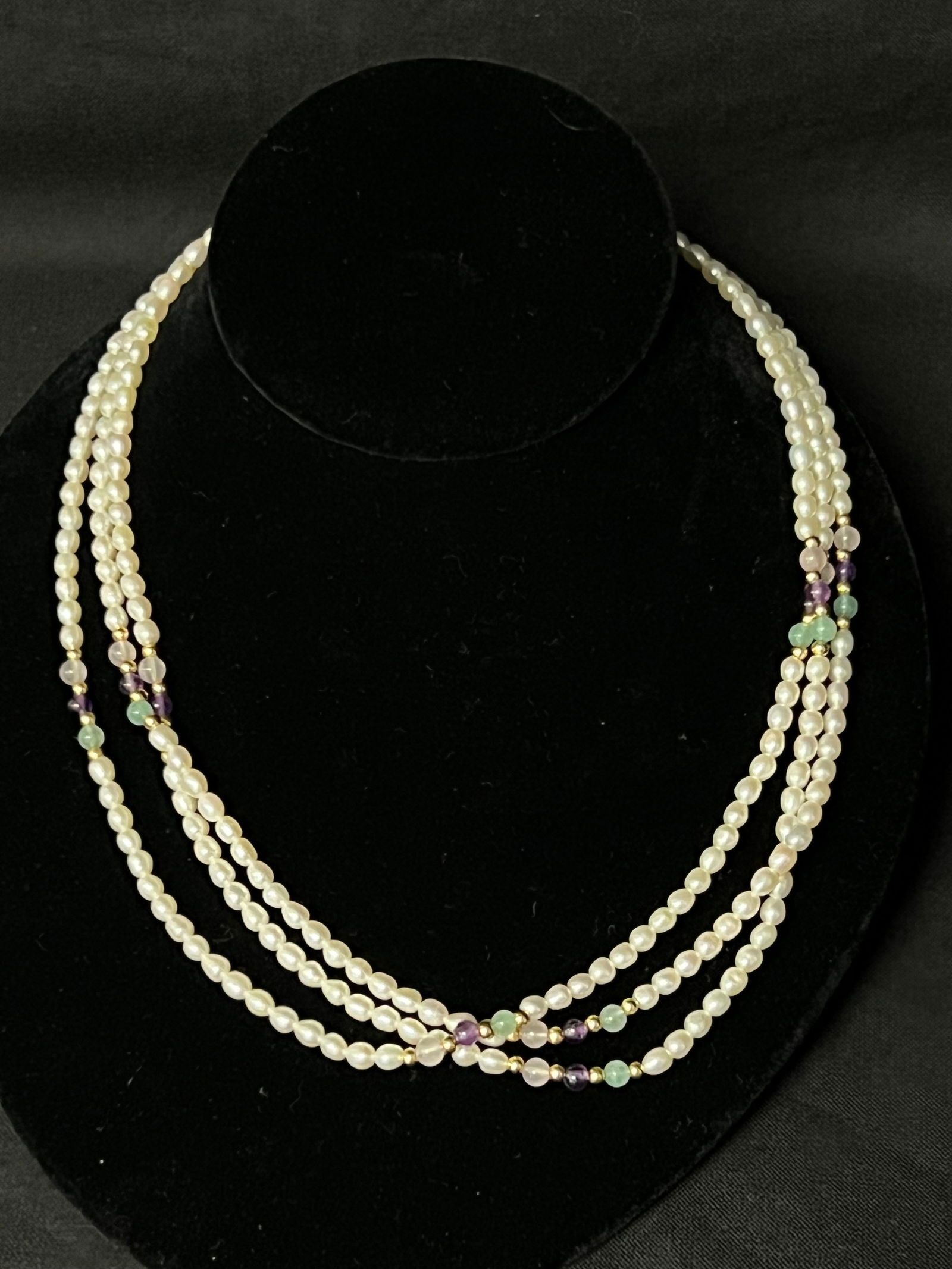 18''L 3 Row Pearl, Jade, Amethyst Necklace - 14K Clasp & Beads (1 of 4)