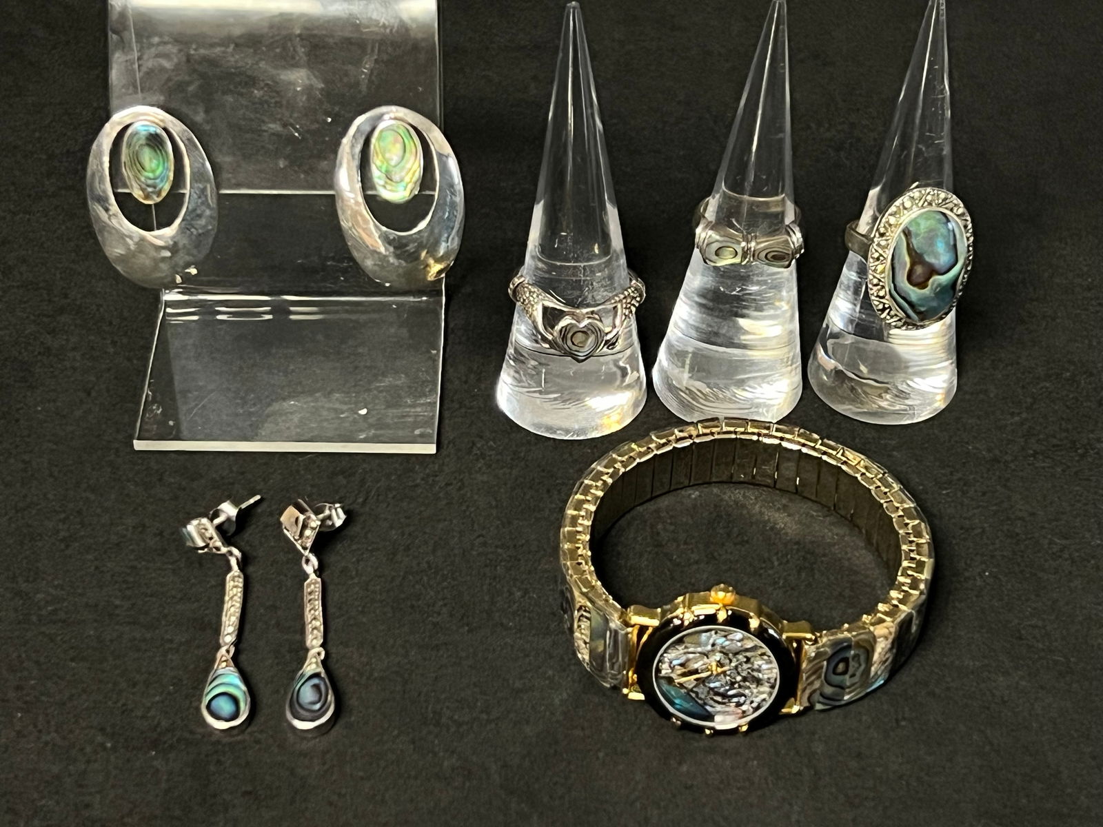 Sterling Silver Abalone Jewelry,Abalone Watch- (2)Sterling Abalone Rings, (2)Pr. Earrings,(1)Abalone (1 of 9)