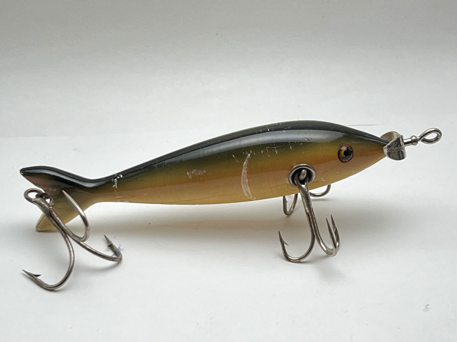 Atq Heddon #1300 Black Sucker Minnow Lure - C.1911 Rare w/ Glass Eyes, Overall 6.75''L (1 of 7)