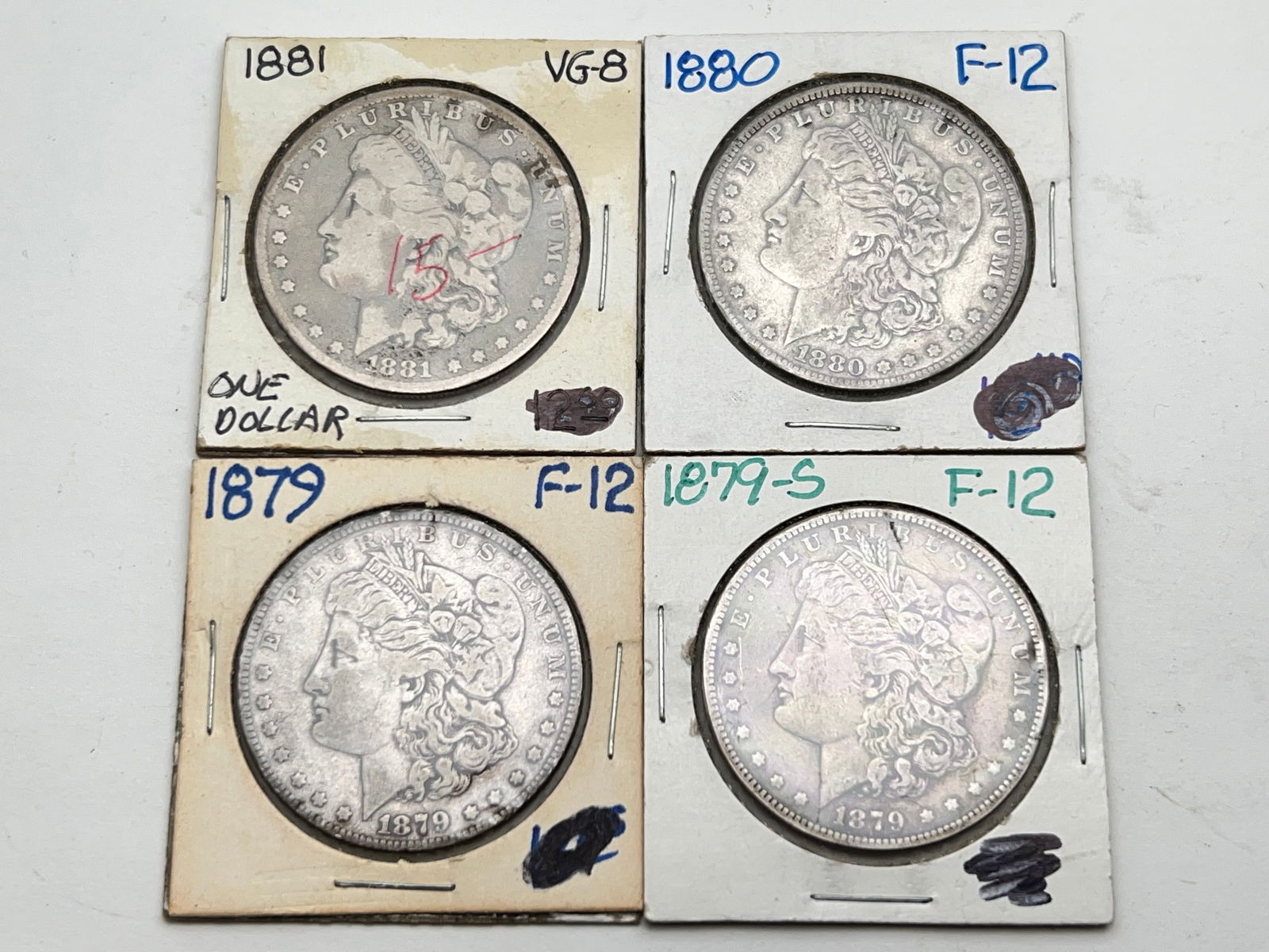 (4)1879-1881 Morgan Silver Dollars 90% - (1)1879 San Francisco, (1)Philadelphia, (1)1880 (1 of 2)