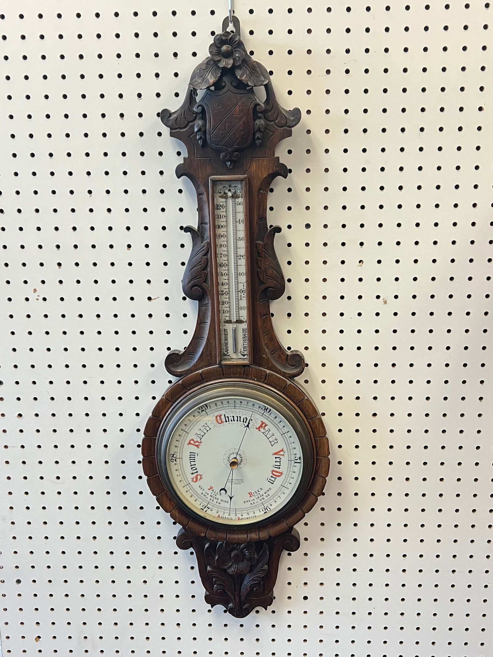 19thC Victorian Aneroid Barometer - Carved Wood Wall Barometer , 34''L x 11''W (1 of 6)