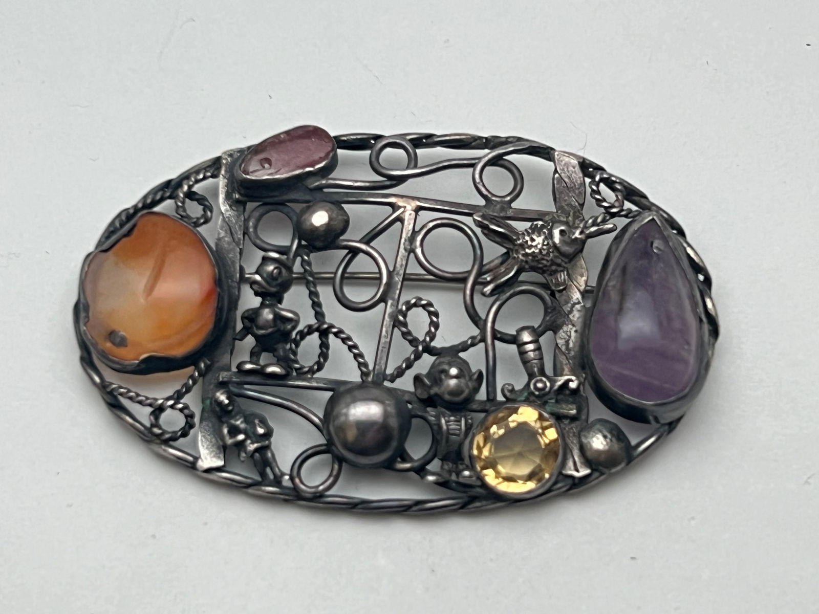 Unique Vintage Sterling Mickey & Donald Brooch - Brooch w/ Asst Gemstones Citrine Amethyst w/ Raised (1 of 3)