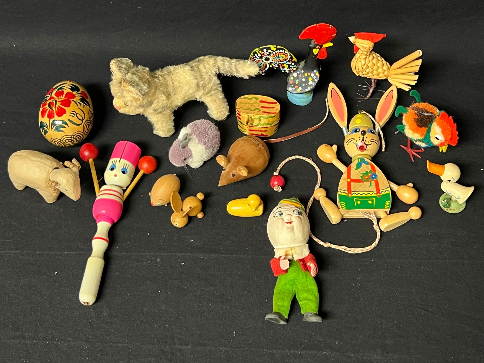Vtg Folk Art Toys, Easter, Portuguese, Roosters- Humpty Dumpty, Roosters, Wooden Egg, Pull Rabbit + (1 of 6)