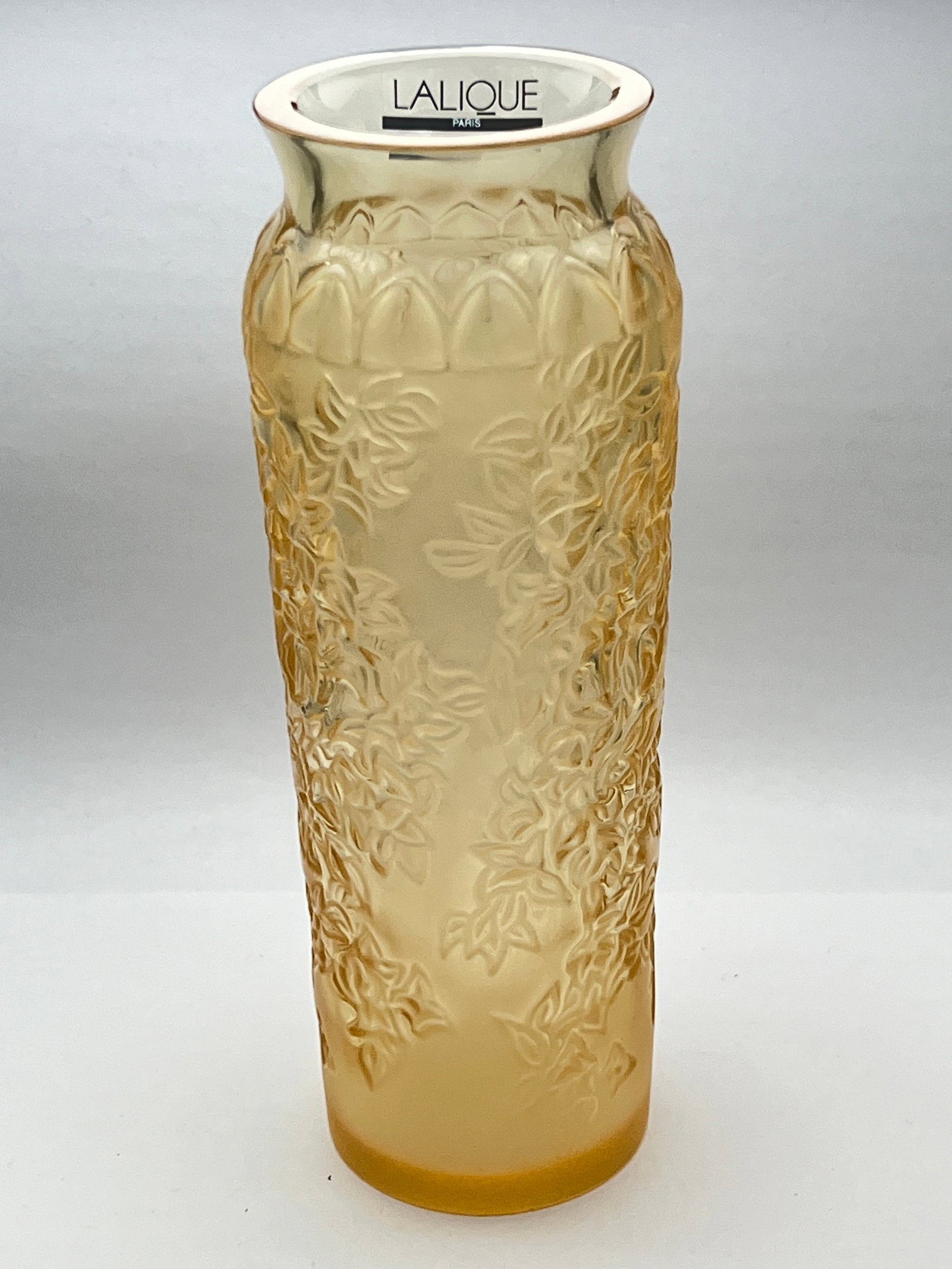 Lalique Crystal Blossom Bougainviller Gold Vase, 2'' x 7'': Lalique Crystal Blossom Bougainviller Gold Vase, 2'' x 7''