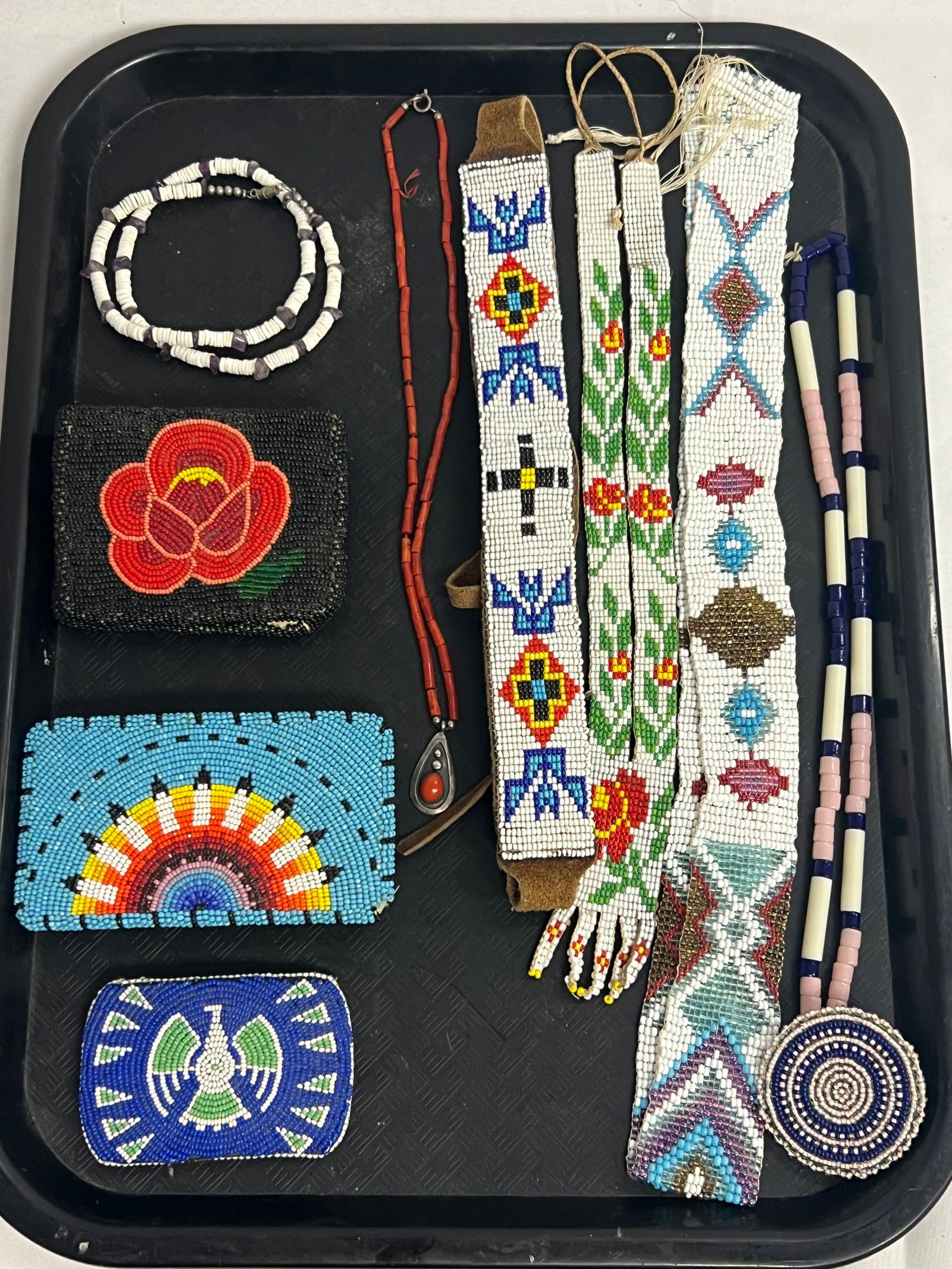 Asst American Indian Beaded Items - (2)Belt Buckles, Sterling Coral Necklace, Heishi & Amethyst (1 of 9)