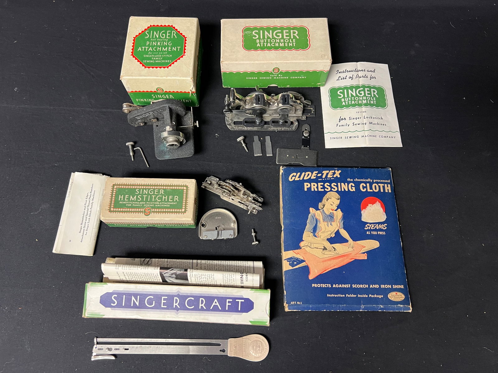(4)Vtg Singer Sewing Items, Glide-Tex Cloth - Singer Pinking Attachment, Hemstitcher 121387, (1 of 9)