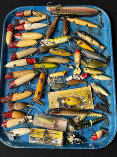 45+ Vintage Wooden Fishing Lures, More - 1920s Era Creek Chub Bait Co. Pike Minnow w/ Glass Eyes,: 45+ Vintage Wooden Fishing Lures, More - 1920s Era Creek Chub Bait Co. Pike Minnow w/ Glass Eyes, Arbo Gaster, Hula Dancer & More