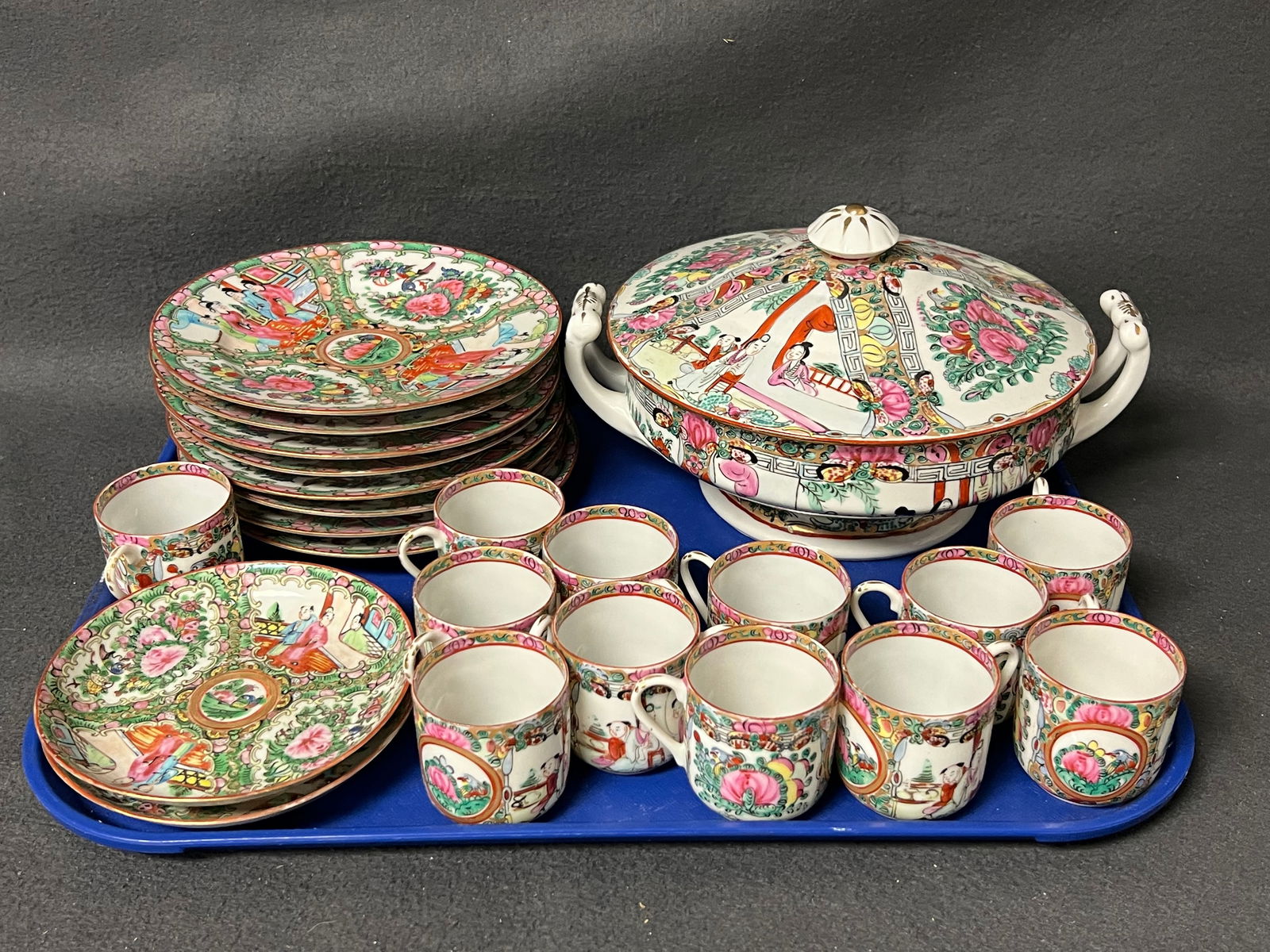 23pcs. Famille Rose Plates, Cups, Covered Dish- (12)Tea Cups 2'' x 2.25'', (2)Shallow Bowls 5.5'' x (1 of 12)