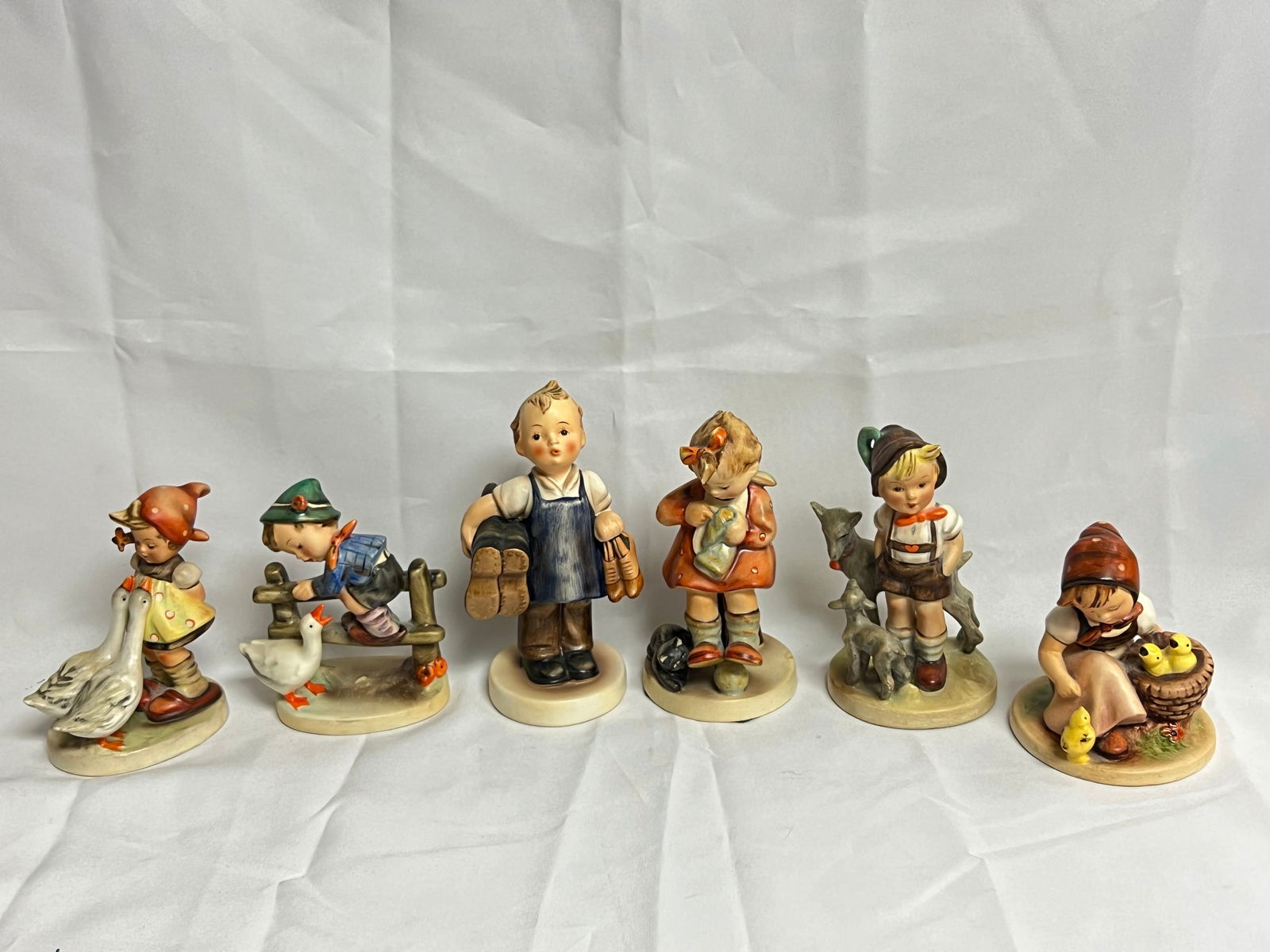 (6)1950s Goebel Hummel Figures - 57/0 Chick Girl, Mothers Helper, Boots 200/0, Goat Herder, #195 (1 of 7)