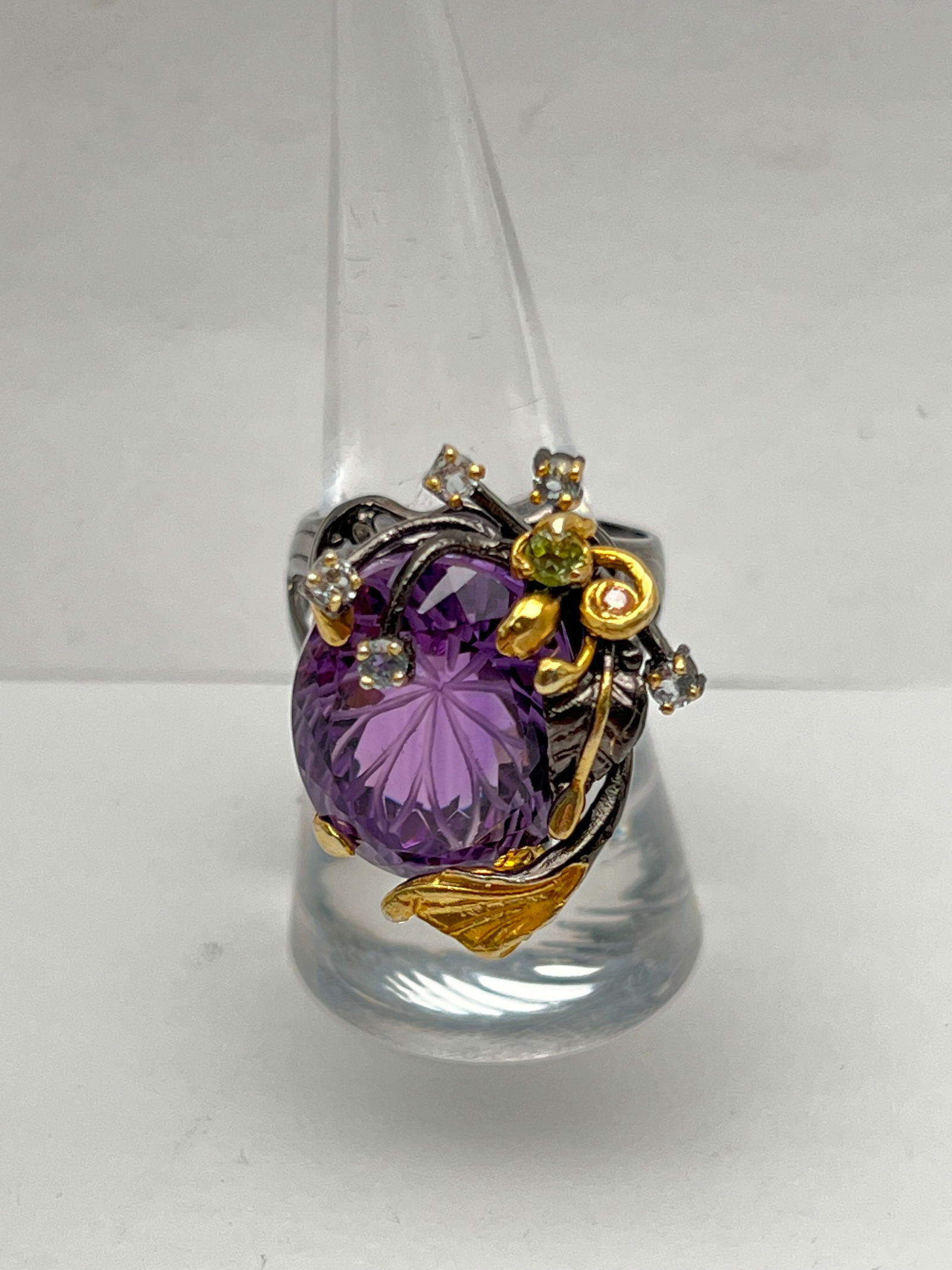 20+Ct Amethyst Ring Set in Sterling - 14K Gold Accents w/ Aquamarine, Peridot - Sz 9 (1 of 3)