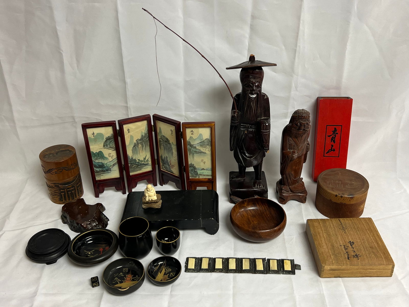 Lot Chinese Carved Figure, Tobacco Box,More - Handpainted Folding 4 Panel Screen Double Sided, (1 of 11)