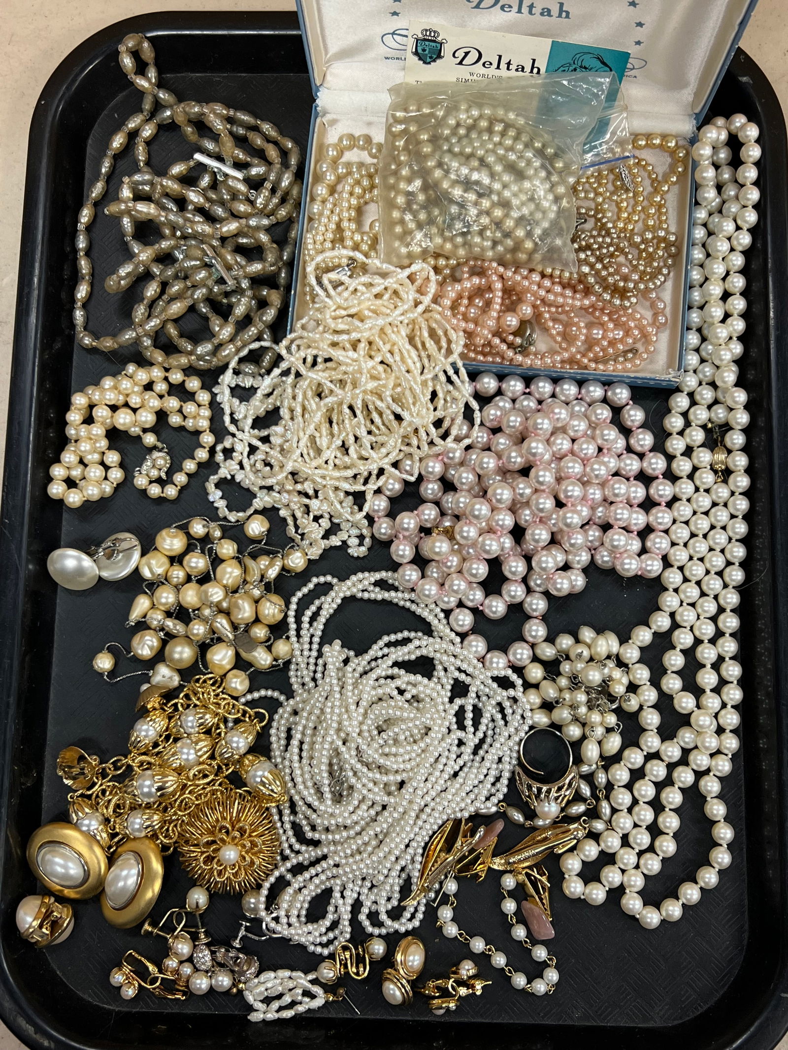 Lot Asst Costume / Fashion Pearl Jewelry- Earrings, Necklaces, Ring, Lapel Clips,More: Lot Asst Costume / Fashion Pearl Jewelry- Earrings, Necklaces, Ring, Lapel Clips,More