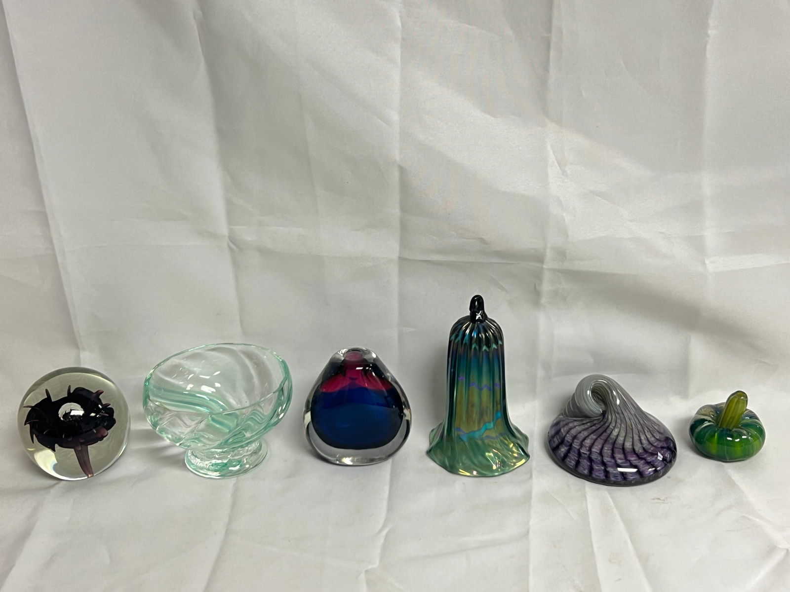 6pc Art Glass Paperweights, Bowl, More - Signed Pumpkin, Hanging Outdoor Bell Shape Glass, Small (1 of 4)