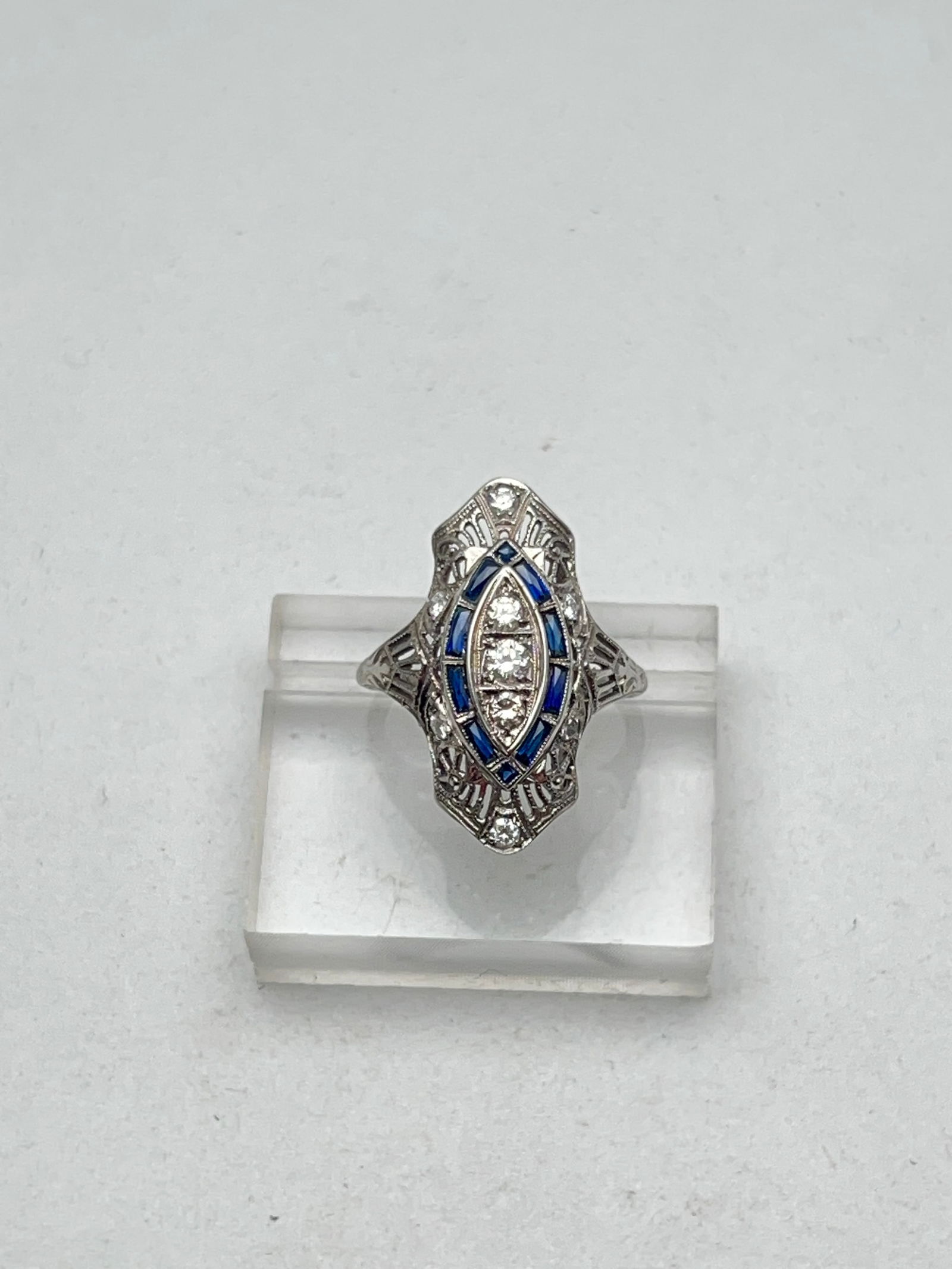 18K Gold Art Deco Diamond Sapphire Ring, Wgt 3.86g - (3)Center Diamonds w/ (6)Surrounding Diamonds , (1 of 4)
