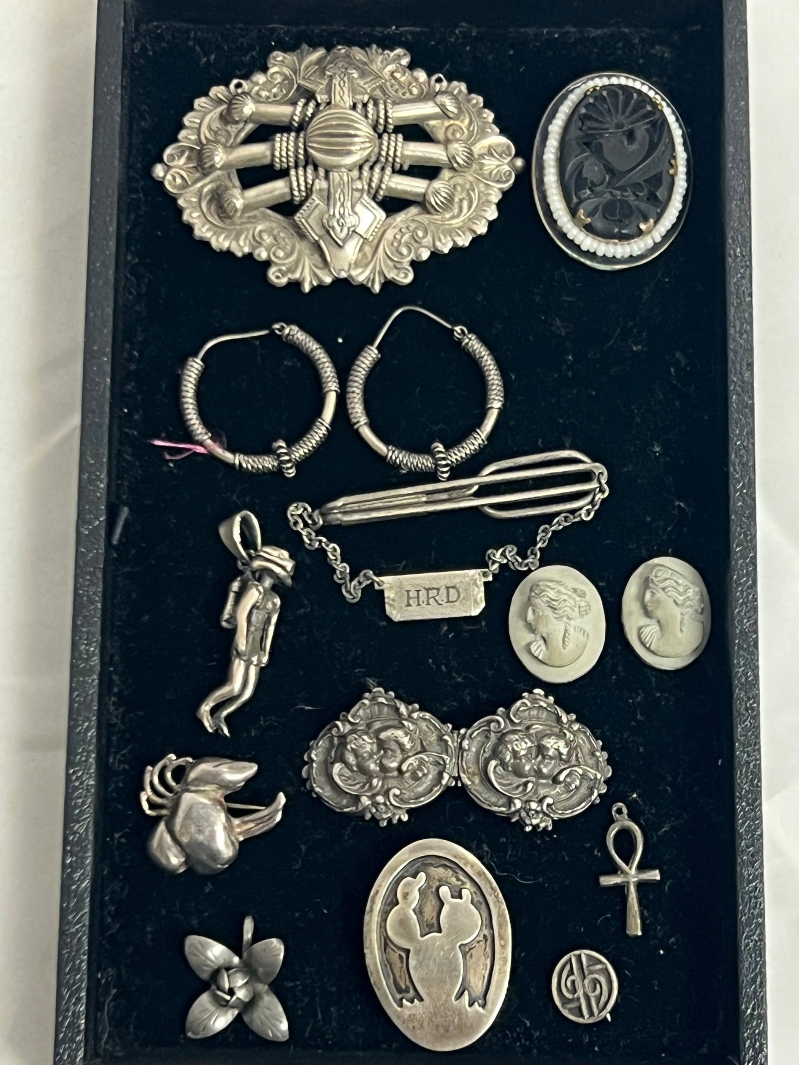 Antique / Vintage Jewelry, Sterling + More - Sterling Scuba Figure Pendant, Sterling Earrings, Pins,: Antique / Vintage Jewelry, Sterling + More - Sterling Scuba Figure Pendant, Sterling Earrings, Pins, Carved Brooch w/ Seed Beads + More