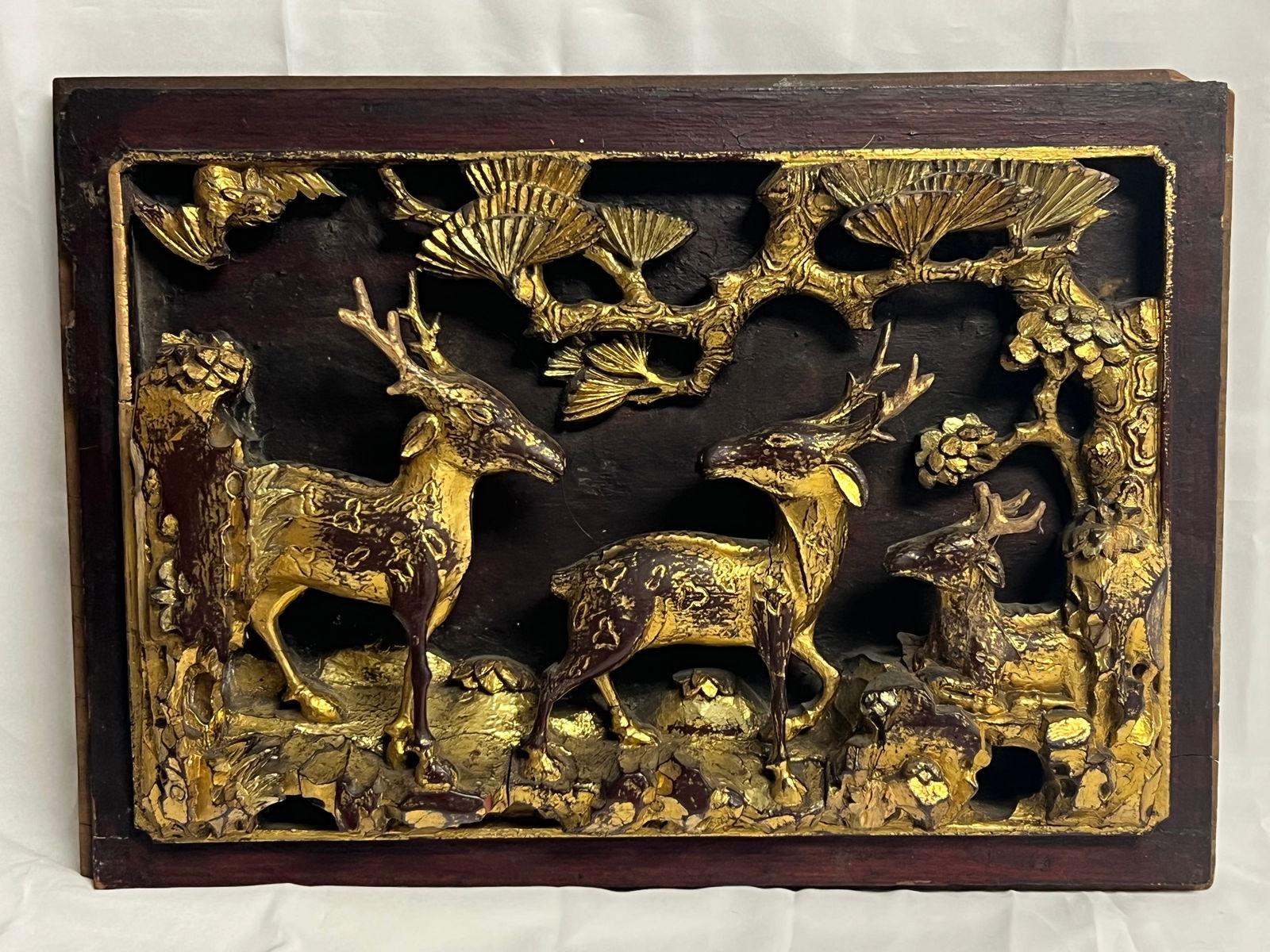 Antique Chinese Carved Relief Wall Plaque - 20'' x 3'' x 14'' w/ Deer Motif (1 of 2)