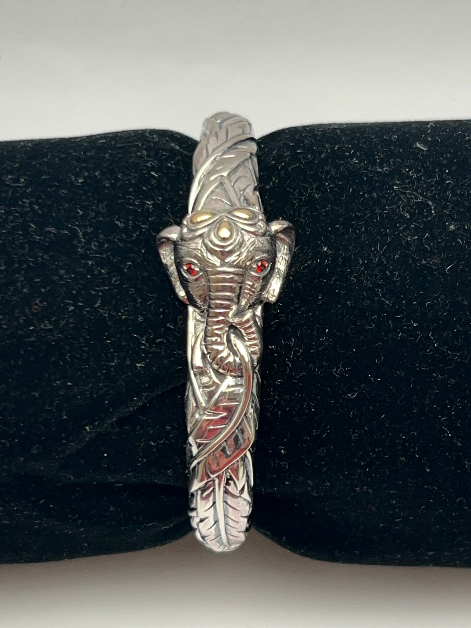JAI John Hardy Sterling 14K Elephant Bracelet - 14K Accents w/ Garnet Eyes Hinged Cuff Bracelet - (1 of 6)