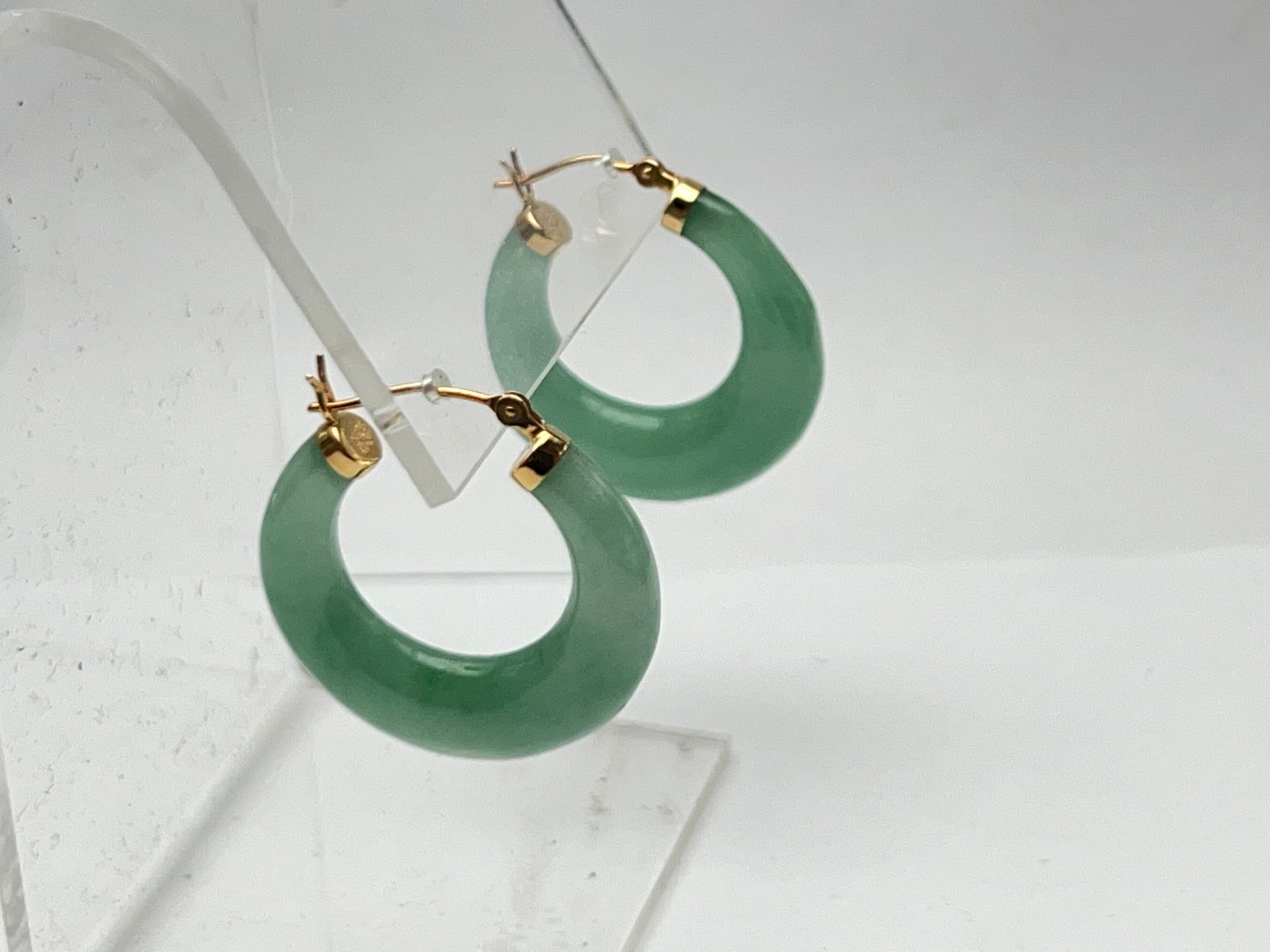 Ross Simon 14K Gold Jade Hoop Earrings - 14K Yellow Gold Capped w/ Snap Bar 1 1/8''L - New w/ Box + (1 of 4)