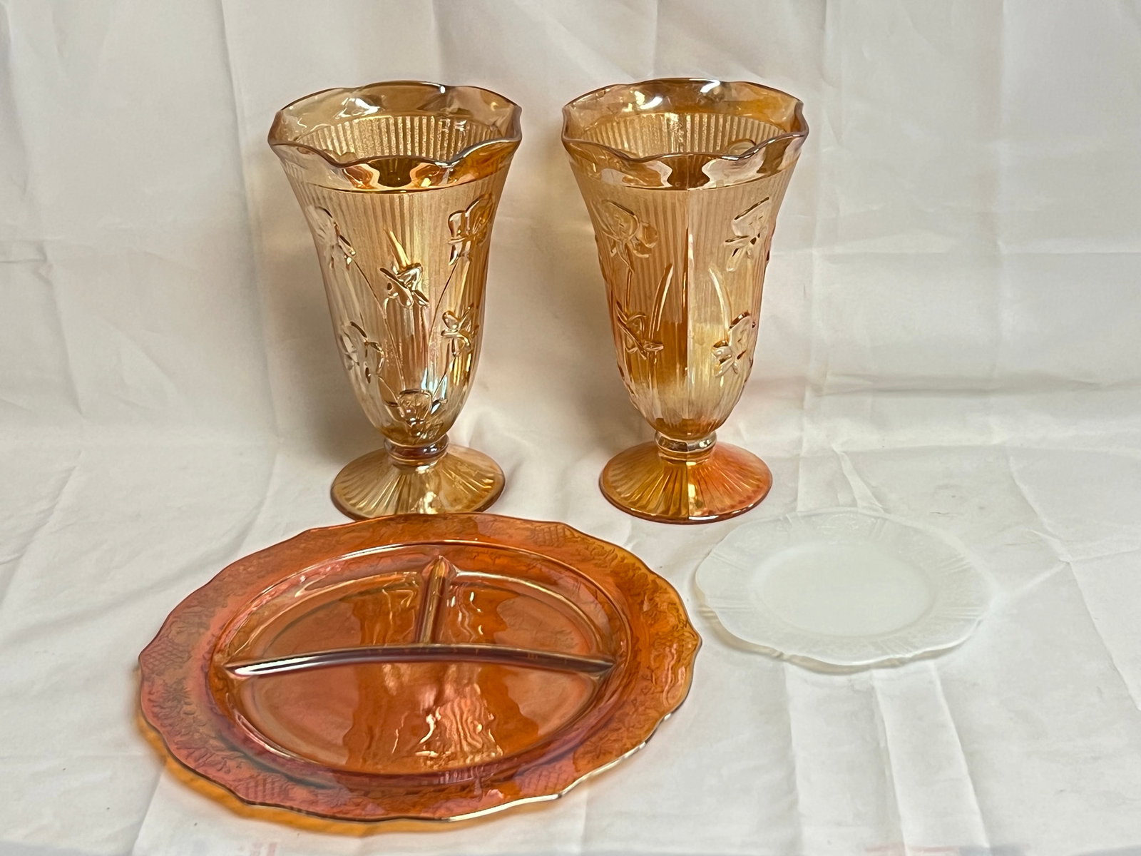 Opalescent Carnival Glass Vases, Platter - Vases 5.25'' x 9'' , Plate 11'': Opalescent Carnival Glass Vases, Platter - Vases 5.25'' x 9'' , Plate 11''