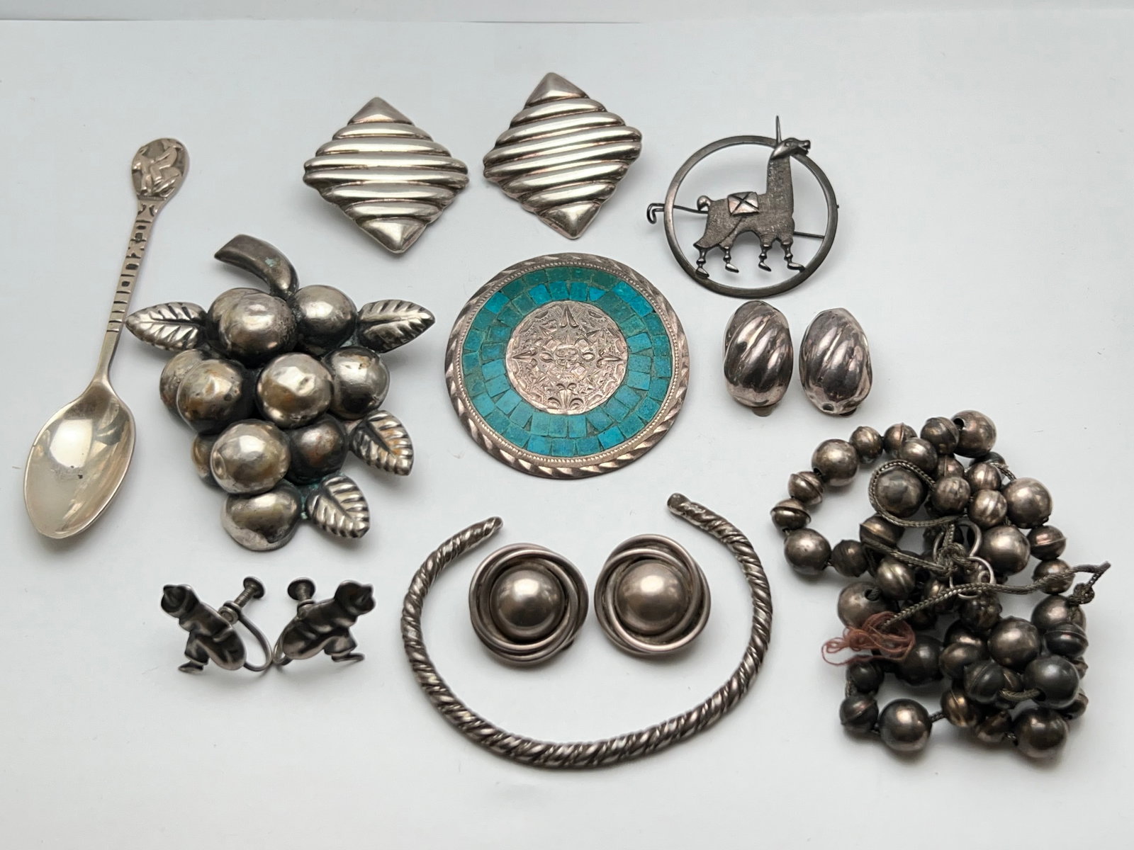 Vintage Mexican Sterling, .850, .800 Jewelry - Sterling Turquoise Inlay Pin / Brooch, Sterling: Vintage Mexican Sterling, .850, .800 Jewelry - Sterling Turquoise Inlay Pin / Brooch, Sterling Earrings, .850 Silver Spoon, Llama Pin + More