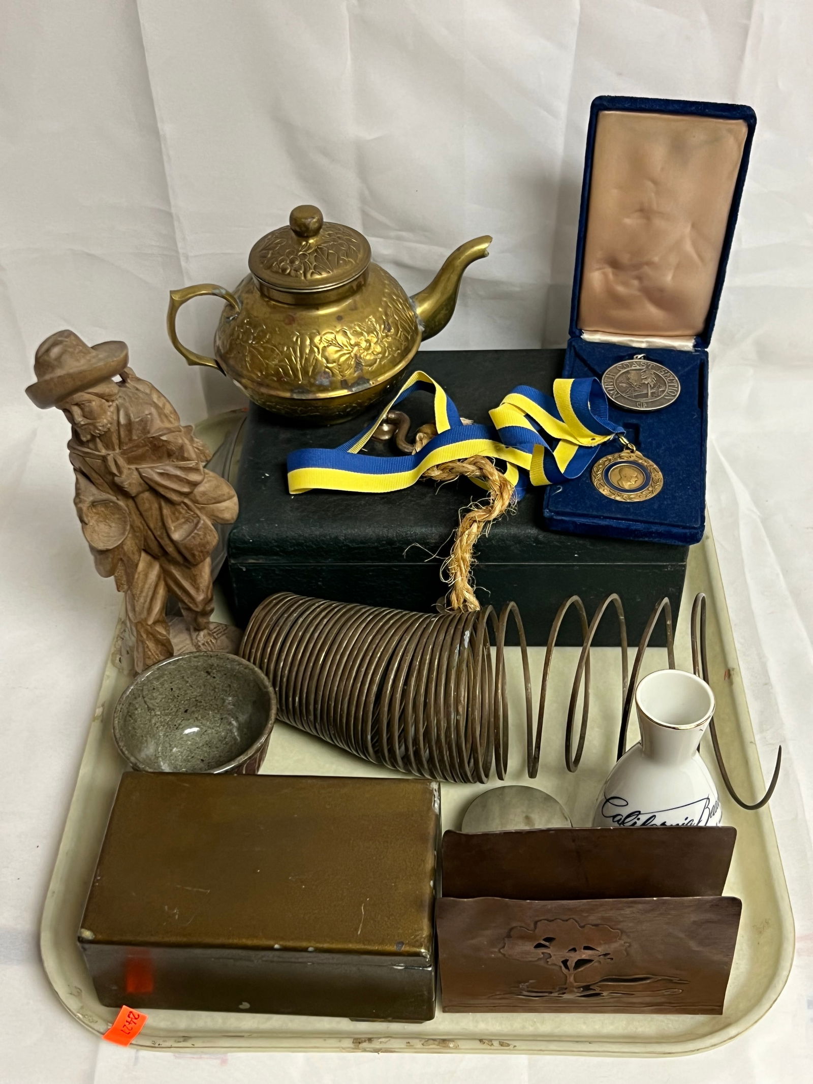 Tray Lot- Locked Metal Box, Letter Holder, Figure,More- (2)Metal Boxes w/ Inside Enamel - (1)w/ Key, (1 of 11)