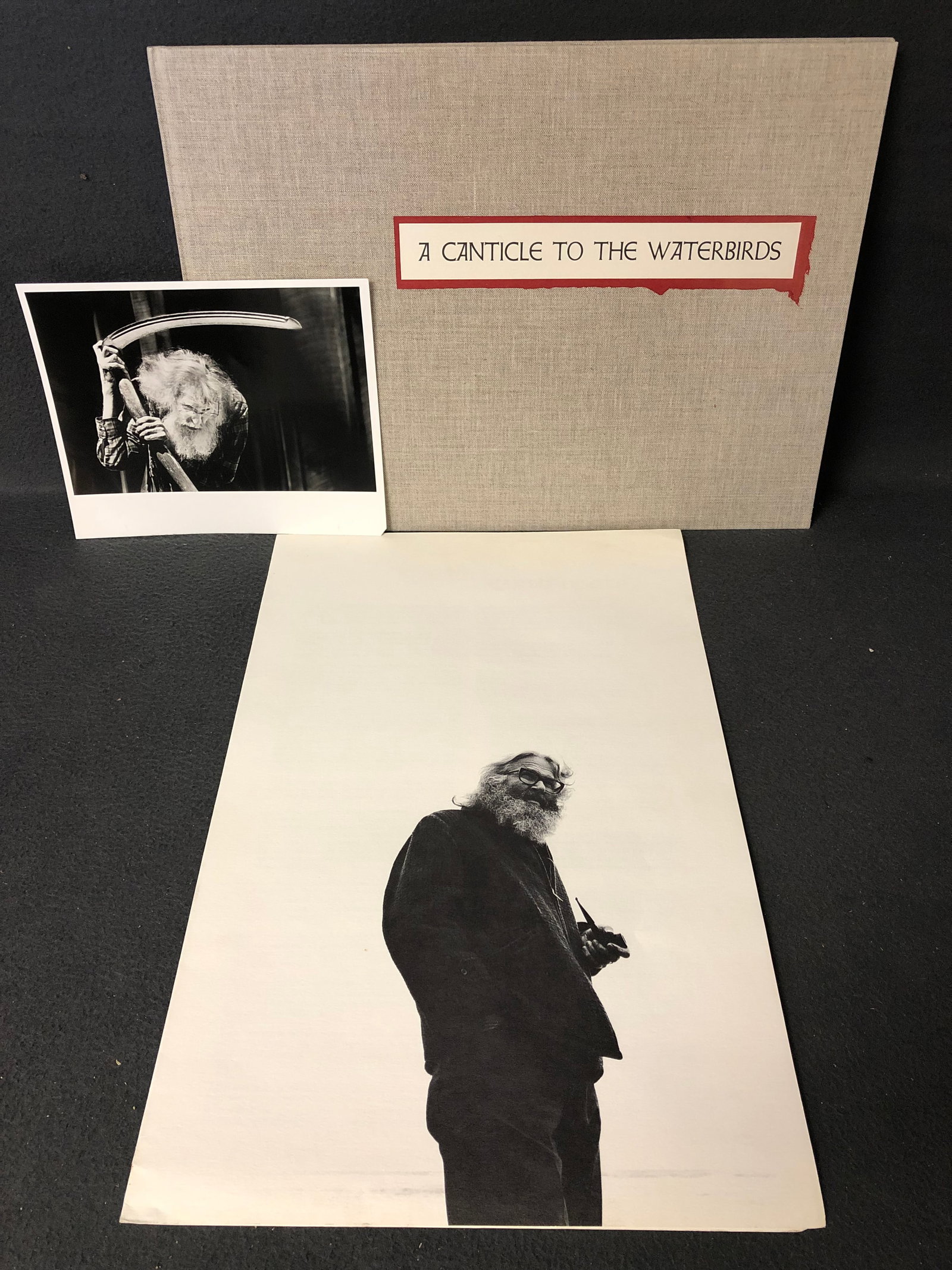 William Everson Signed Canticle Waterbirds Book - Edition #21 / 61 w/ Handset in Weiss Roman from: William Everson Signed Canticle Waterbirds Book - Edition #21 / 61 w/ Handset in Weiss Roman from The Kingfisher Press + Printed by Felicia Rice & Gary Young at the Bears Tooth Studio. Paper is handma