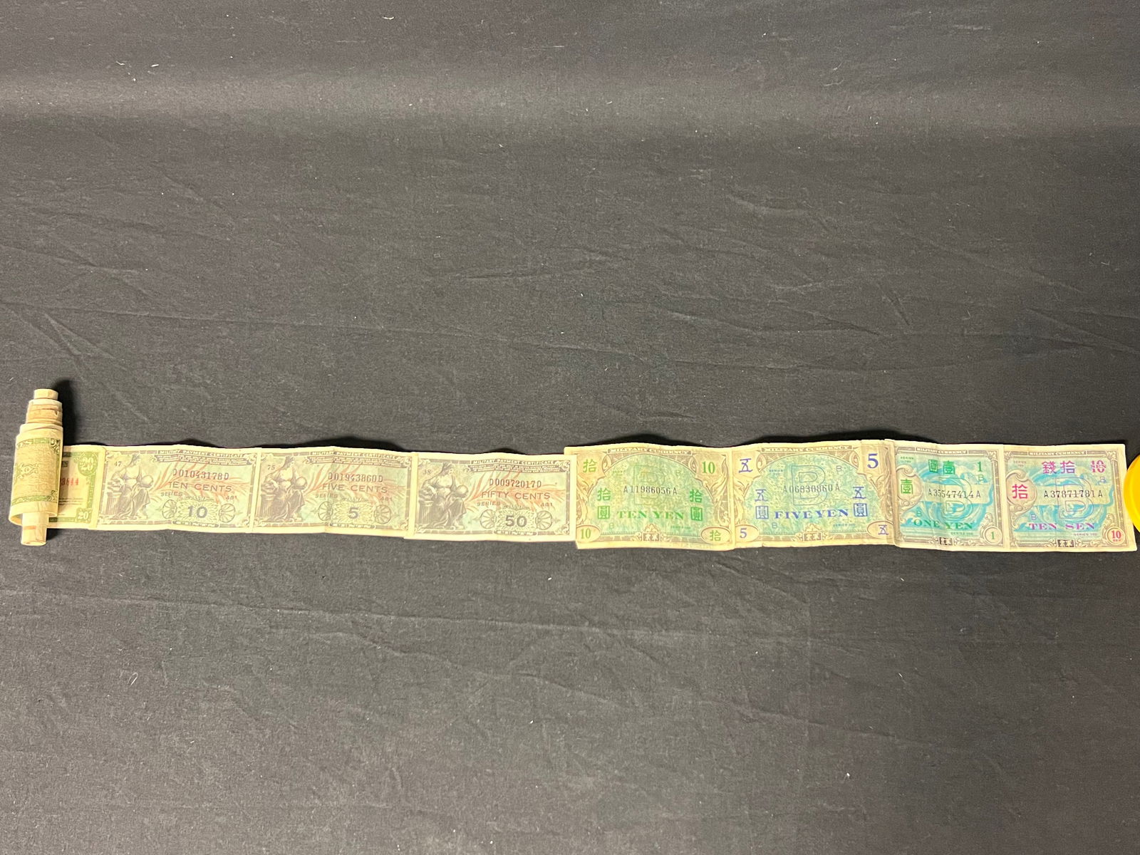 Korean War Era Paper Money Roll, 15 Bills Total - Hong Kong, Phillipines, Taiwan Military Payment (1 of 10)