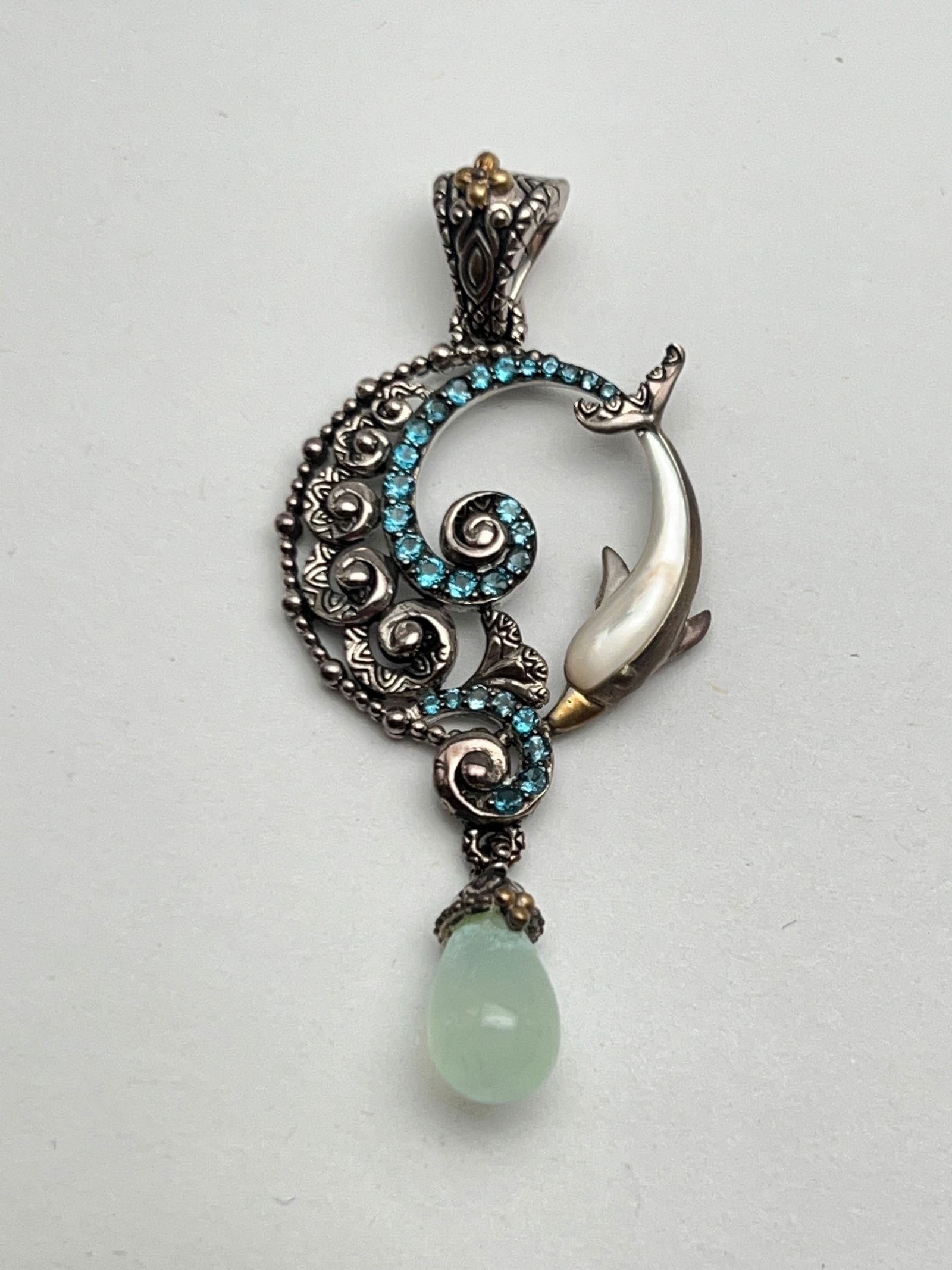 Barbara Bixby Sterling Dolphin Pendant NOS - New Old Stock w/ Box & Bag - Topaz, Mother of Pearl in (1 of 3)