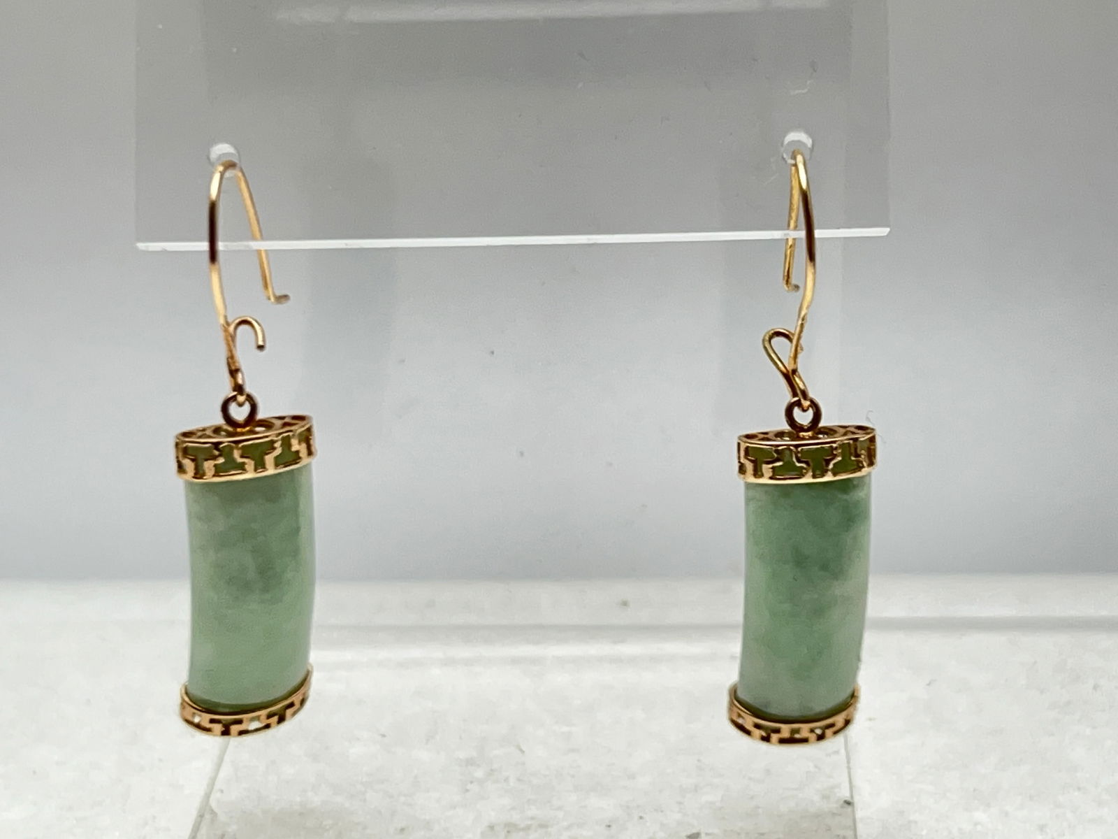 14K Solid Gold Jade Dangle Earrings, 1.75''L, 4.81g Wgt (1 of 3)