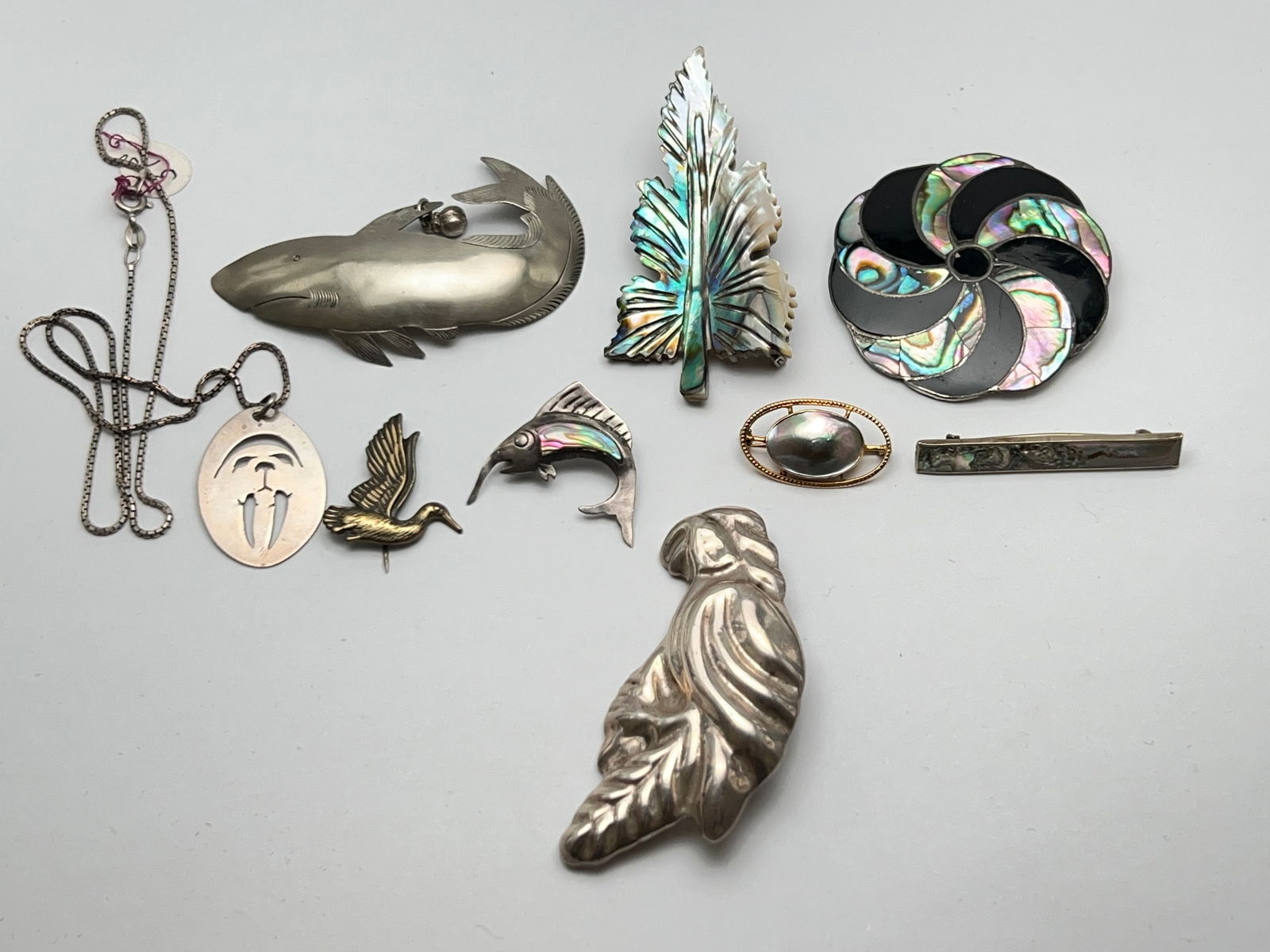Sterling Silver & Abalone Jewelry - Sword Fish Pin w/ Abalone, Seal Pendant + Sterling Chain, Onyx (1 of 6)