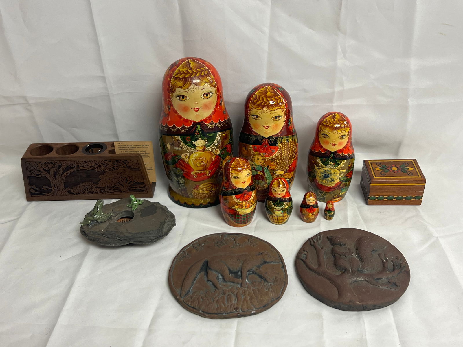 Wild Goose Studio Plaques,Frog Flower Frog,More - Signed Russian Mockba Nesting Doll, Lasercraft: Wild Goose Studio Plaques,Frog Flower Frog,More - Signed Russian Mockba Nesting Doll, Lasercraft Desk Organizer, (2)Plaques, Polish Trinket Box + More