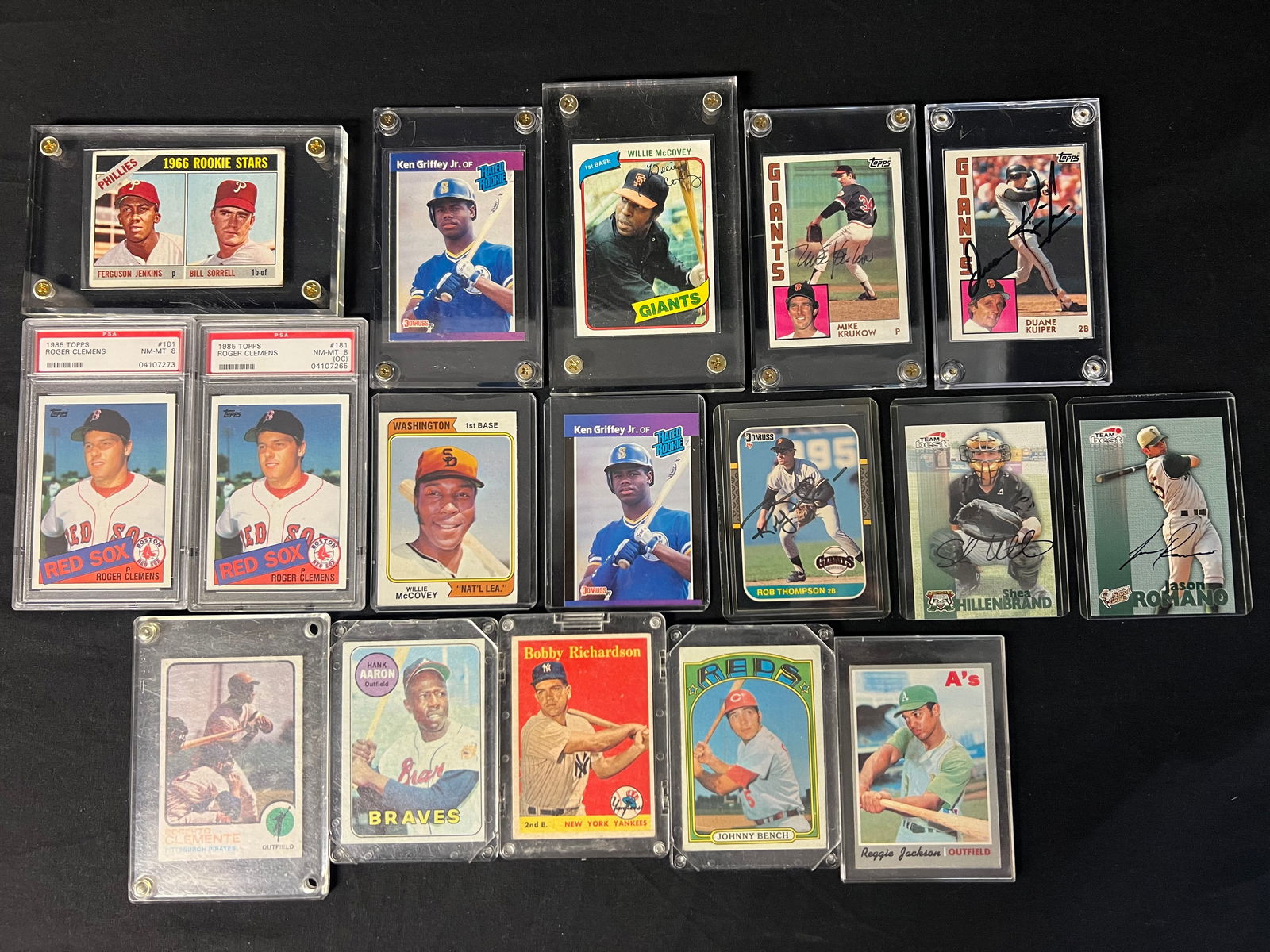(15)1950s-1980s MLB Trading Cards + (5)Signed - (2)PSA 1985 Roger Clemens, Hank Aaron, Willie (1 of 6)