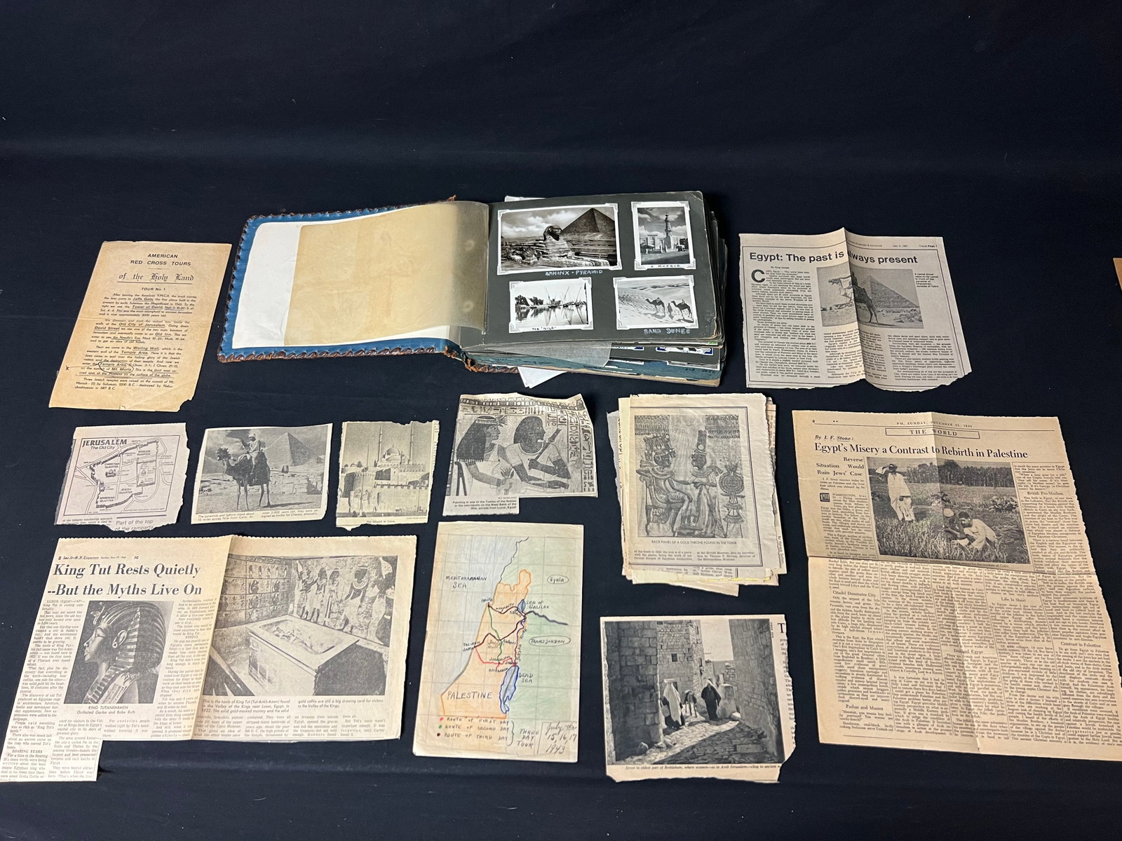 WWII US Military Photo Scrapbook Egypt - Loaded w/ Photos, Newspaper Clippings, Tickets & More - In: WWII US Military Photo Scrapbook Egypt - Loaded w/ Photos, Newspaper Clippings, Tickets & More - In Leather Bound Scrapbook