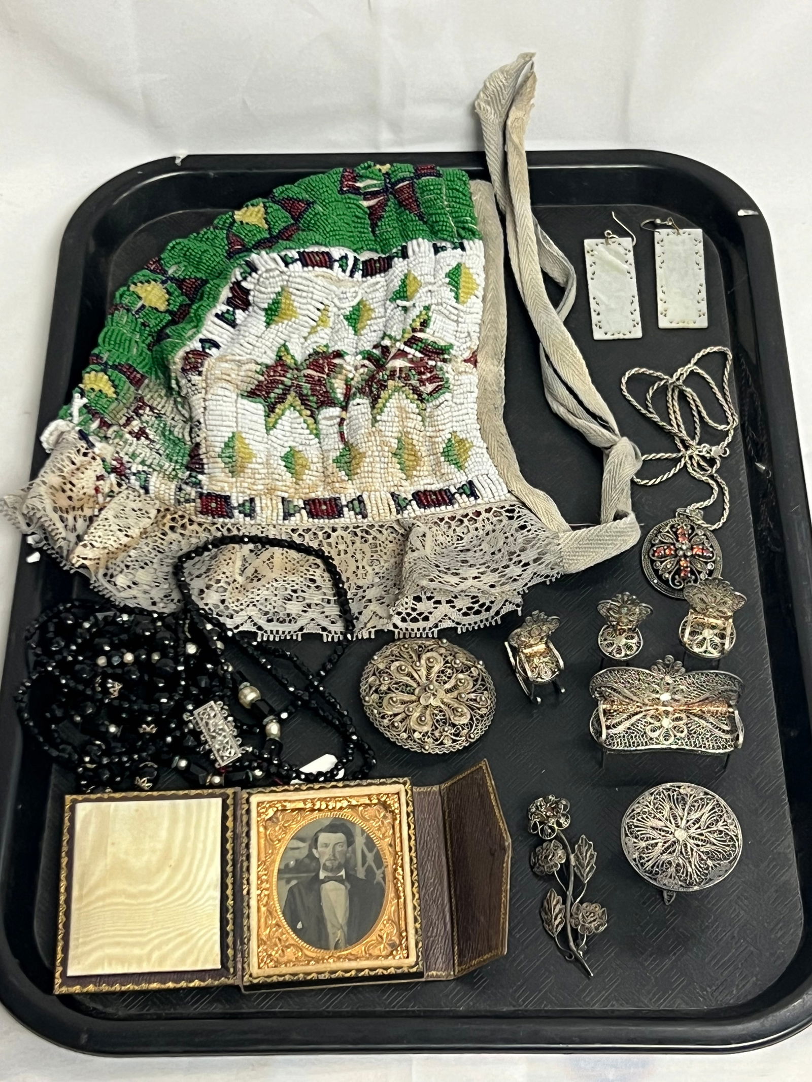 Atq Beaded Bonnet, Sterling, Daguerreotype,more- Miniature Filagree Sterling Furniture, Sterling (1 of 9)