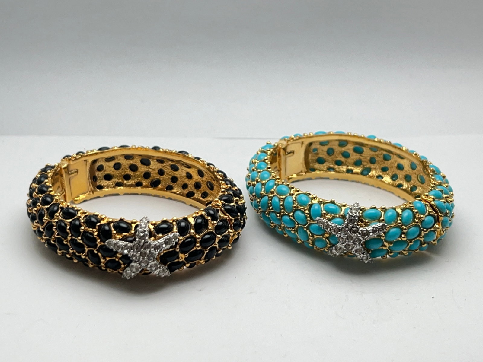 (2)Kennedy J Lane Rhinestone Starfish Bracelets- Blue & Black Cabochon w/ Rhinestone by KJL w/: (2)Kennedy J Lane Rhinestone Starfish Bracelets- Blue & Black Cabochon w/ Rhinestone by KJL w/ Original Boxes & Bags