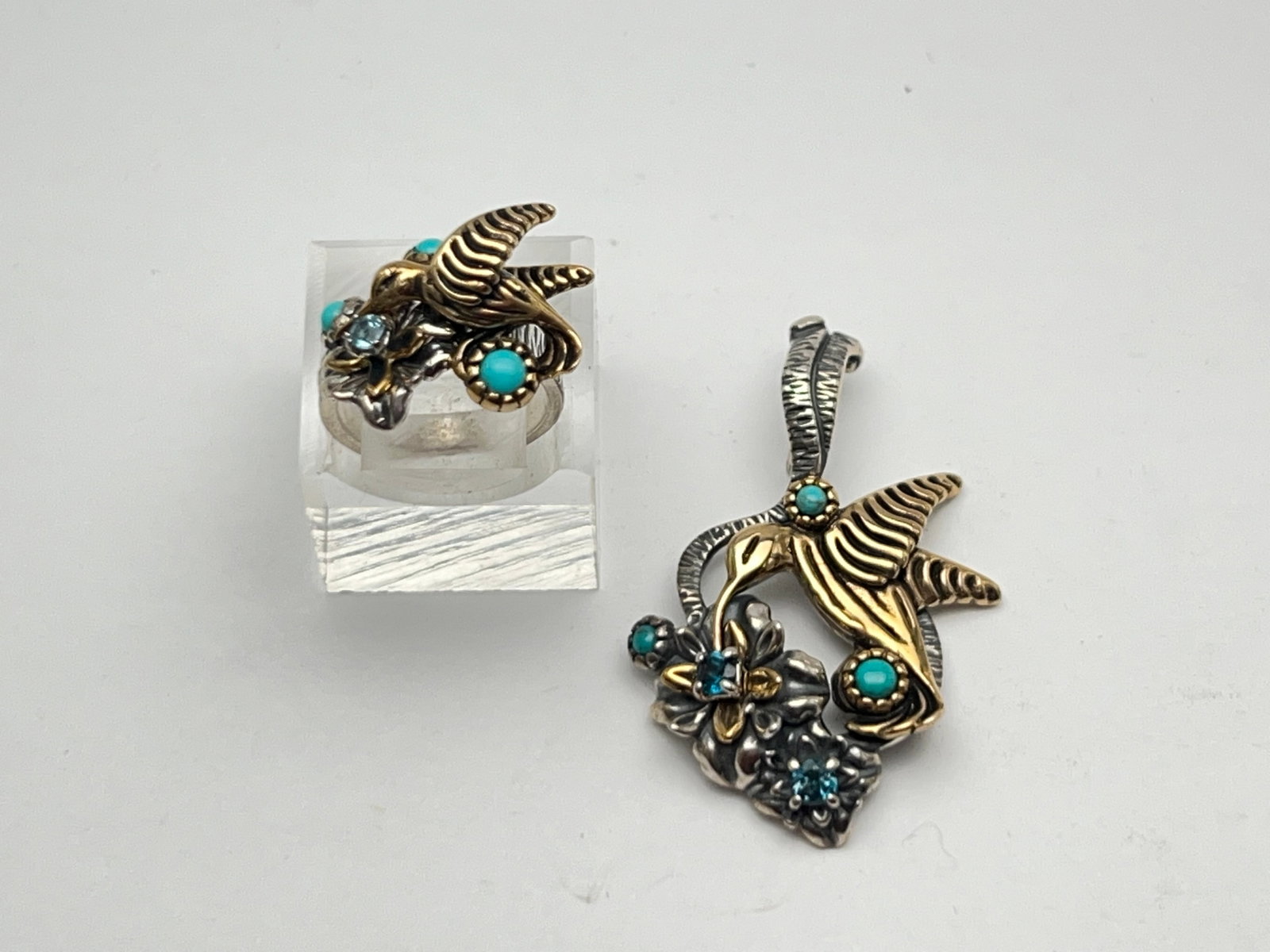 Fritz Casuse Sterling Hummingbird Jewelry - New Old Stock w/ Boxes & Bags - Native American Designer: Fritz Casuse Sterling Hummingbird Jewelry - New Old Stock w/ Boxes & Bags - Native American Designer - Pendant w/ Topaz & Turquoise 1'' x 2'' , Ring Sz 7
