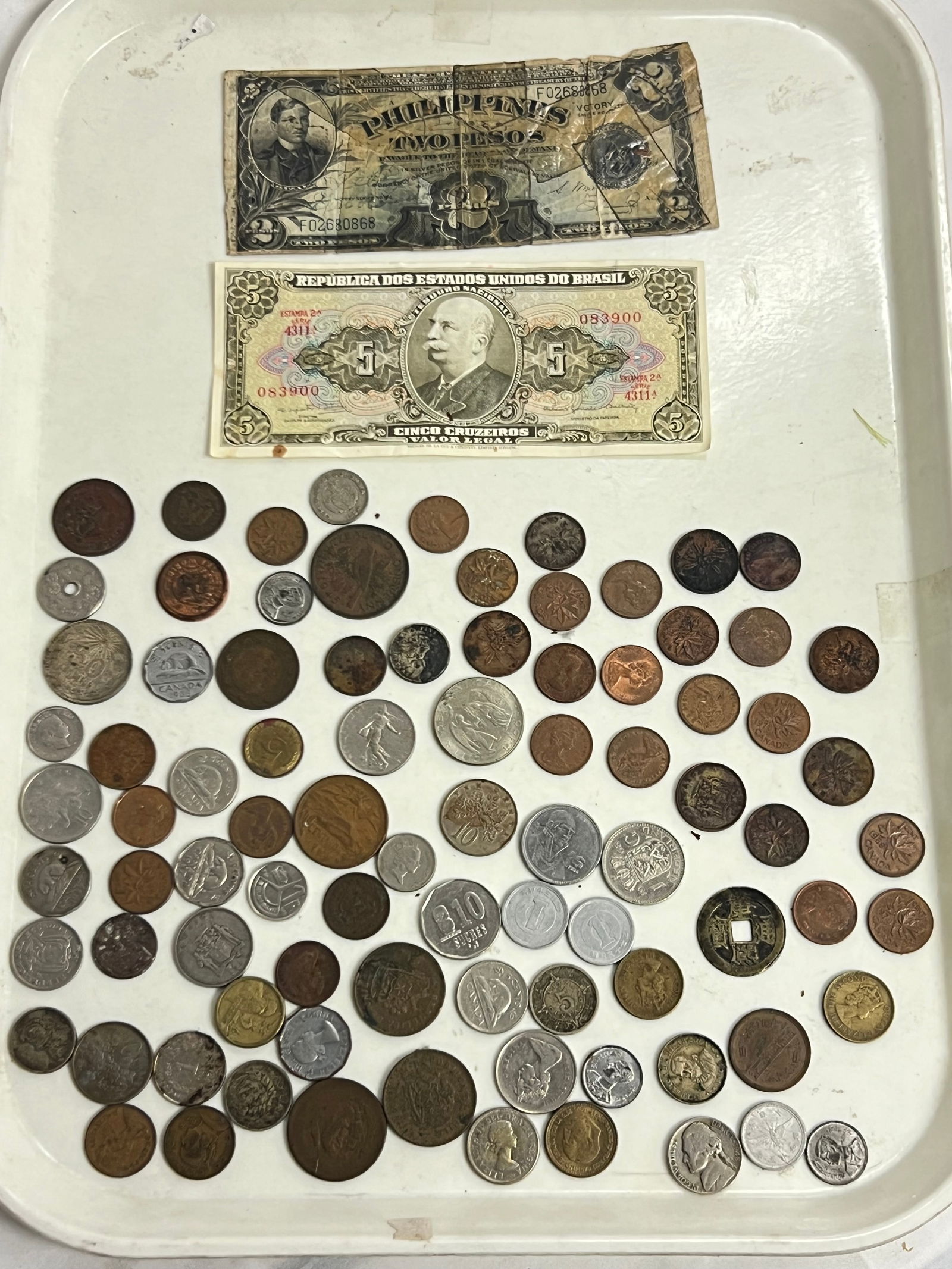 Asst World Coins + Paper Money - 1944 Philippines Two Peso Victory Series 66, Brazil Cinco Banknote, (1 of 8)