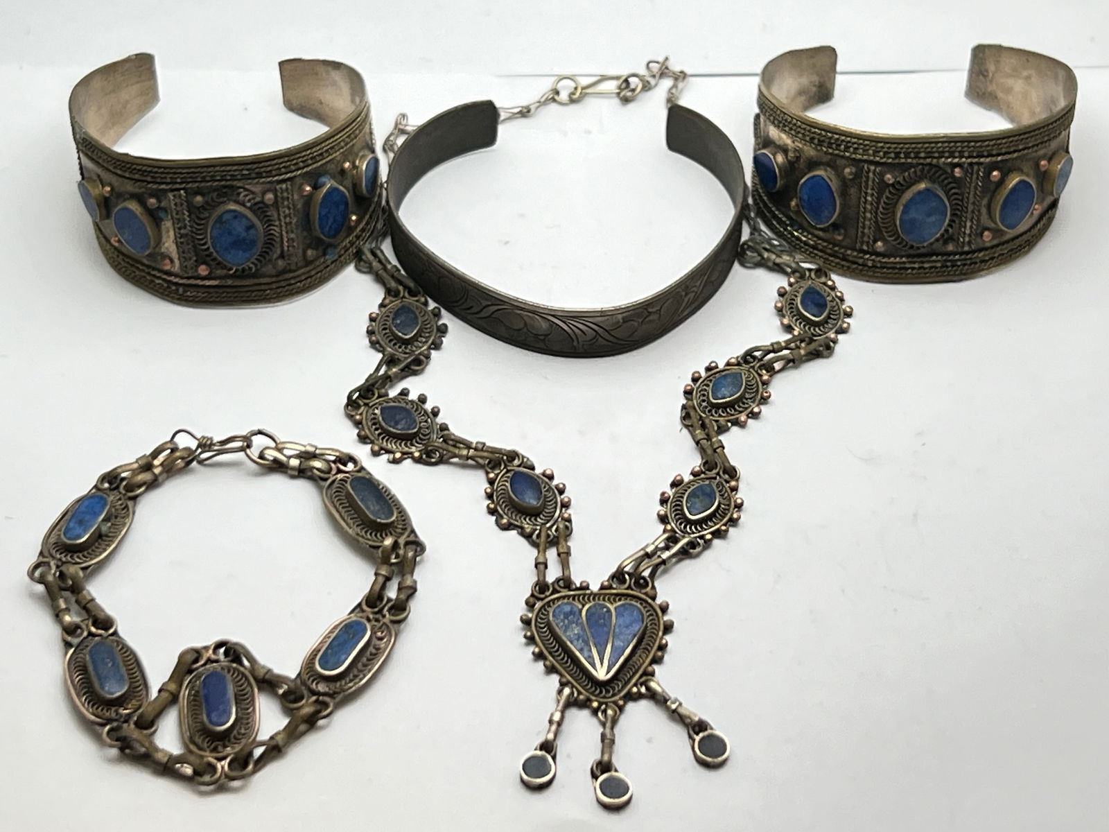 Vintage Metal w/ Lapis Bracelets, Necklace -  (2)Cuff Bracelets, (1)7'' Link Bracelet, 18''L (1 of 8)