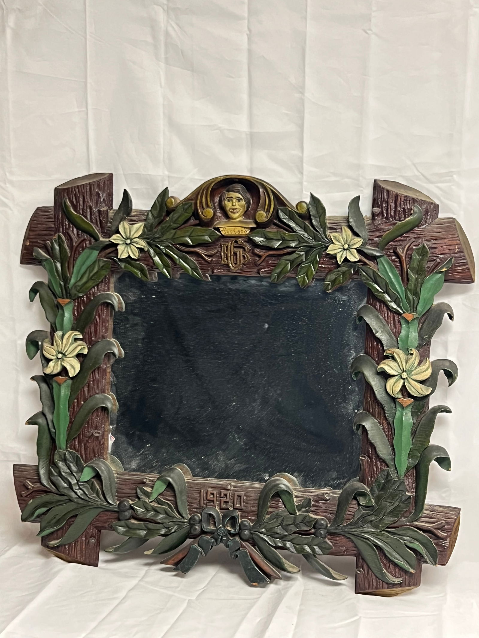 Dated 1920 Carved Folk Art Frame Mirror - Frame 24'' x 28'' (1 of 5)